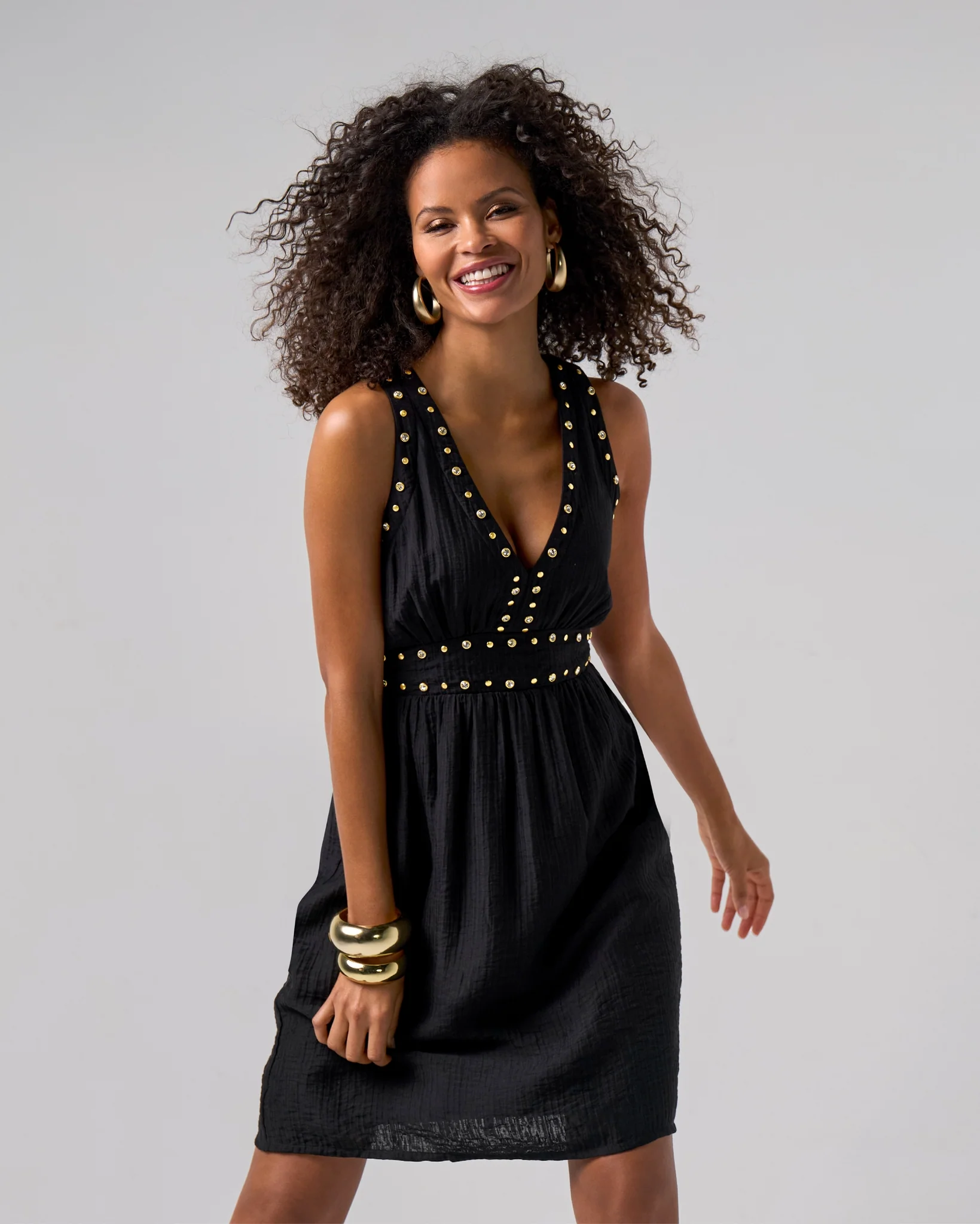 Grommet and Crystal Detail V Neck Fit And Flare Dress Black - Mycitystee