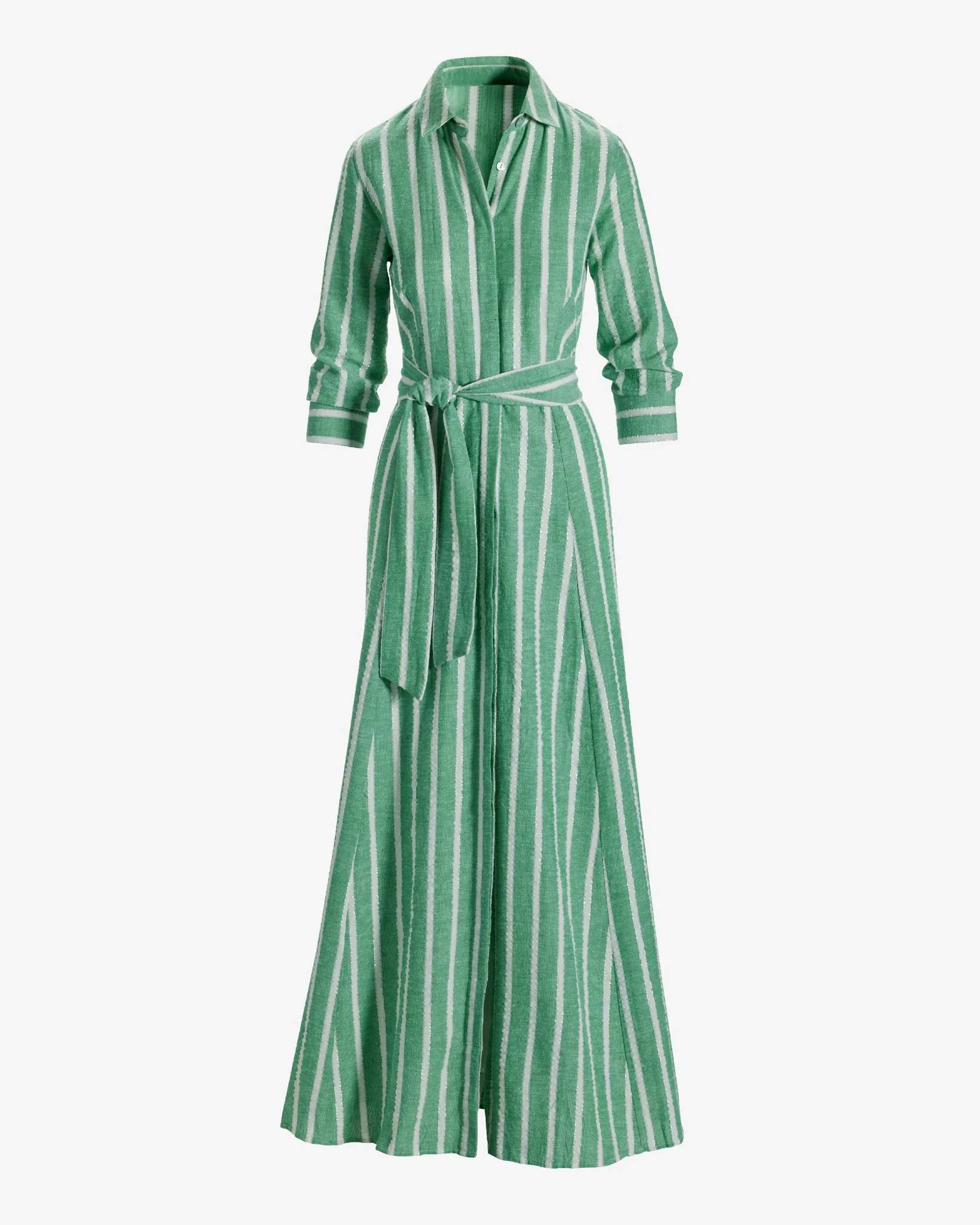 Metallic Stripe Linen Three Quarter Sleeve Maxi Shirt Dress Green/White - Mycitystee