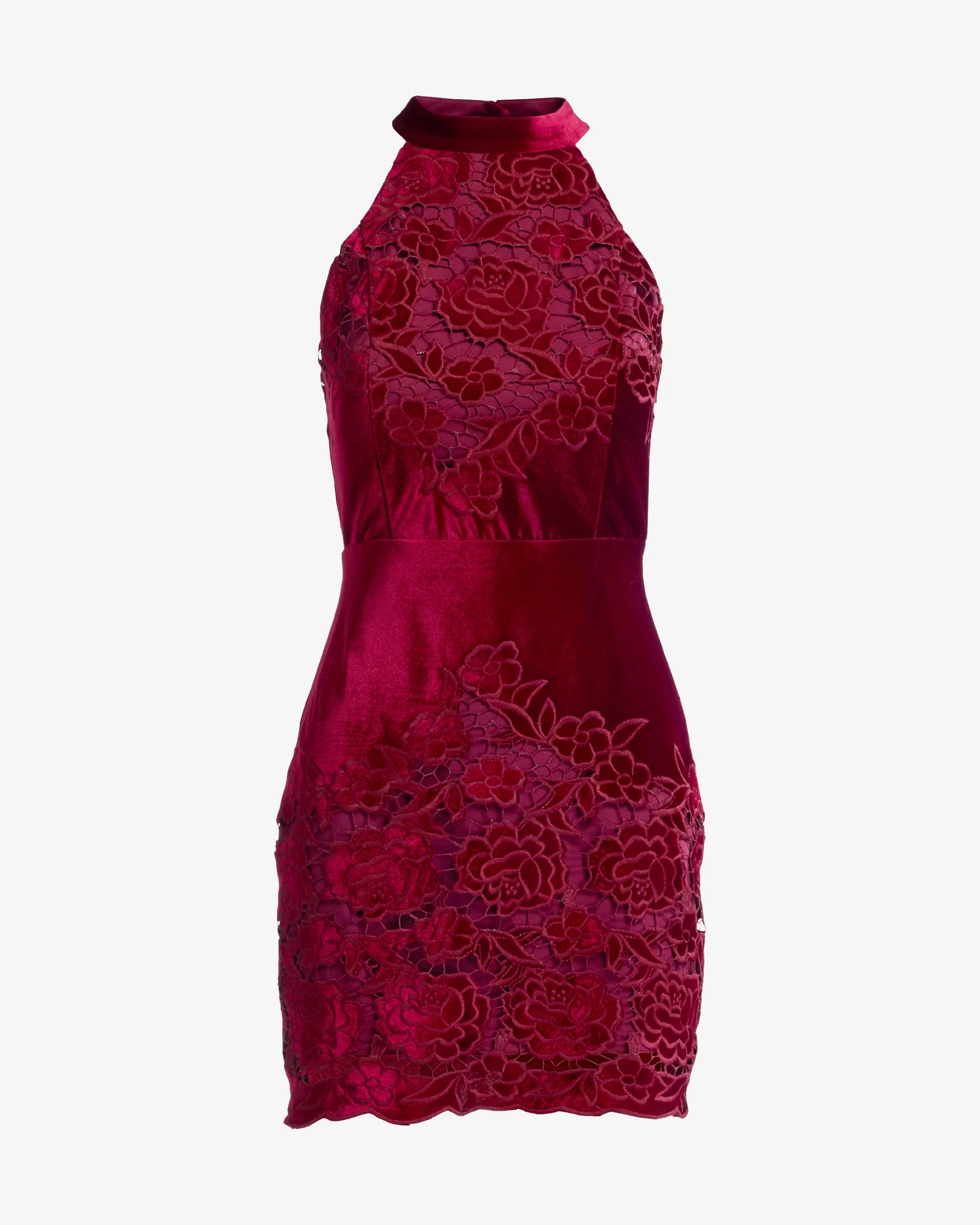 Placed Velvet Lace Mock Neck Sheath Dress Wine - Mycitystee