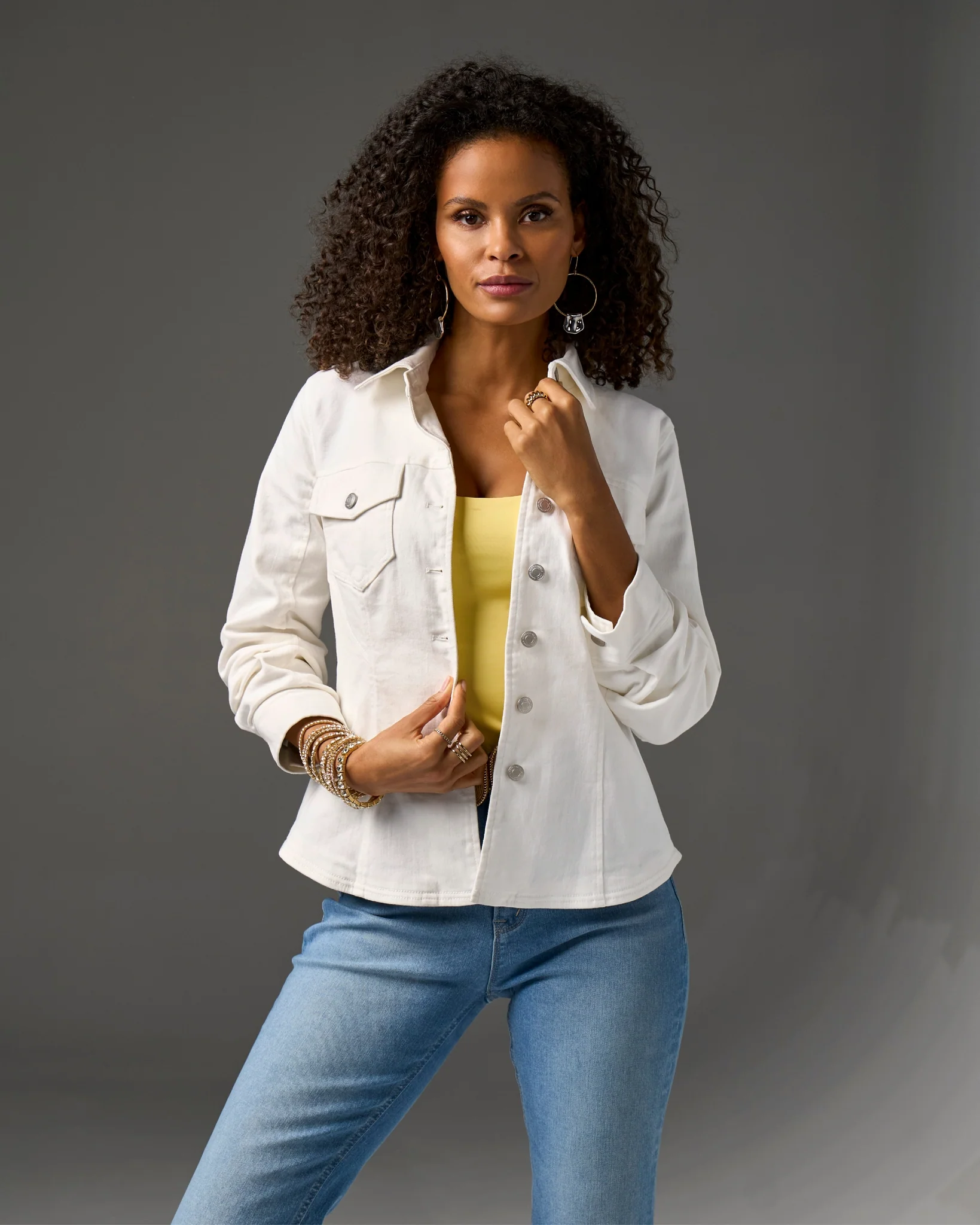 Ruched Sleeve Shaped Denim Jacket White - Mycitystee