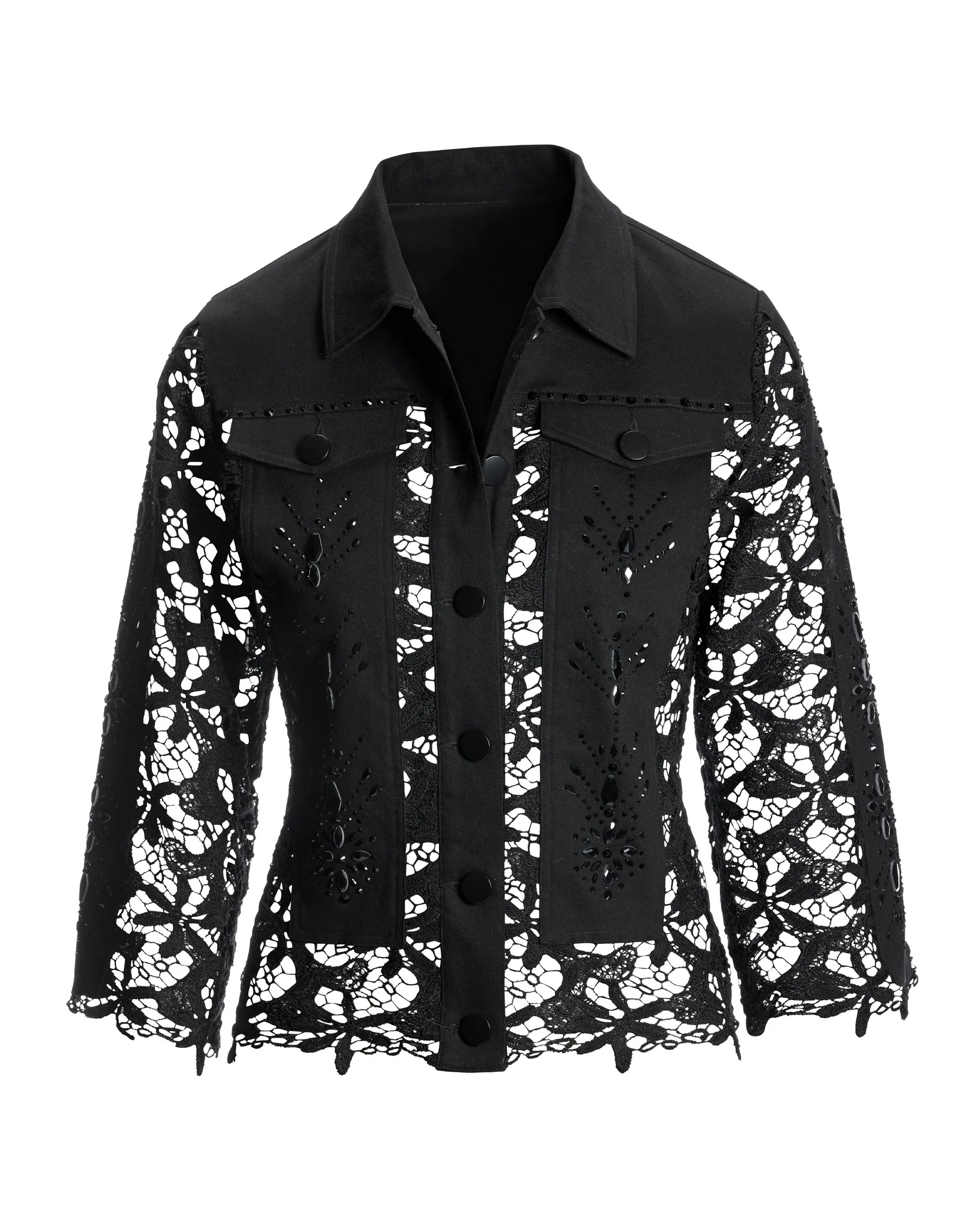 Embellished Lace Three-Quarter Sleeve Denim Jacket Black - Mycitystee