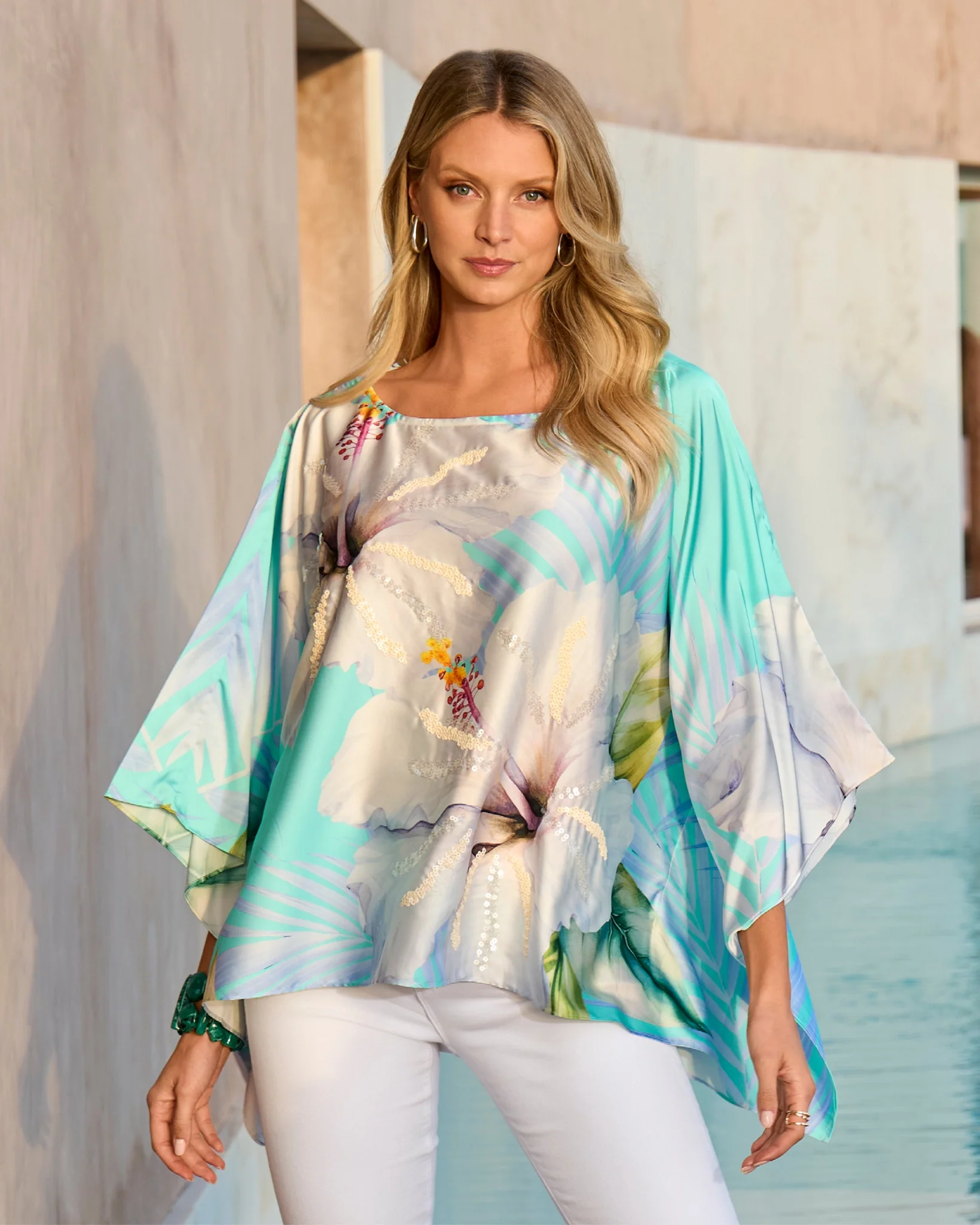 Print Charmeuse Poncho Exploded Hibiscus - Mycitystee