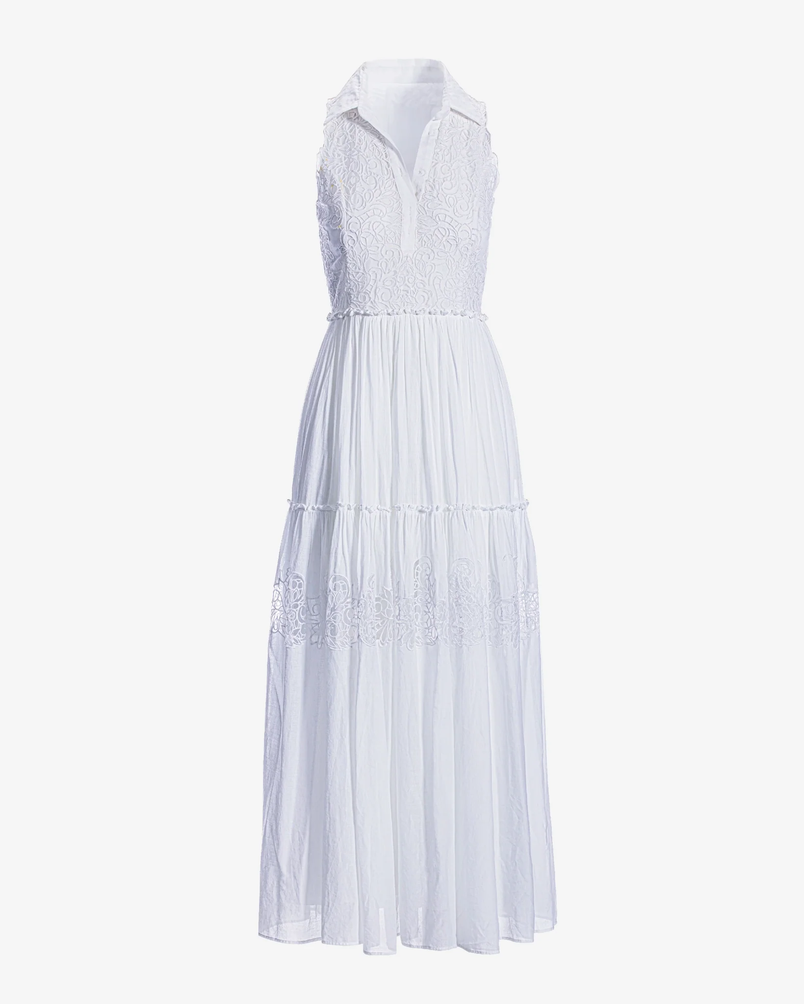 Lace Inset Tiered Ankle Length Cotton Dress Pure White - Mycitystee