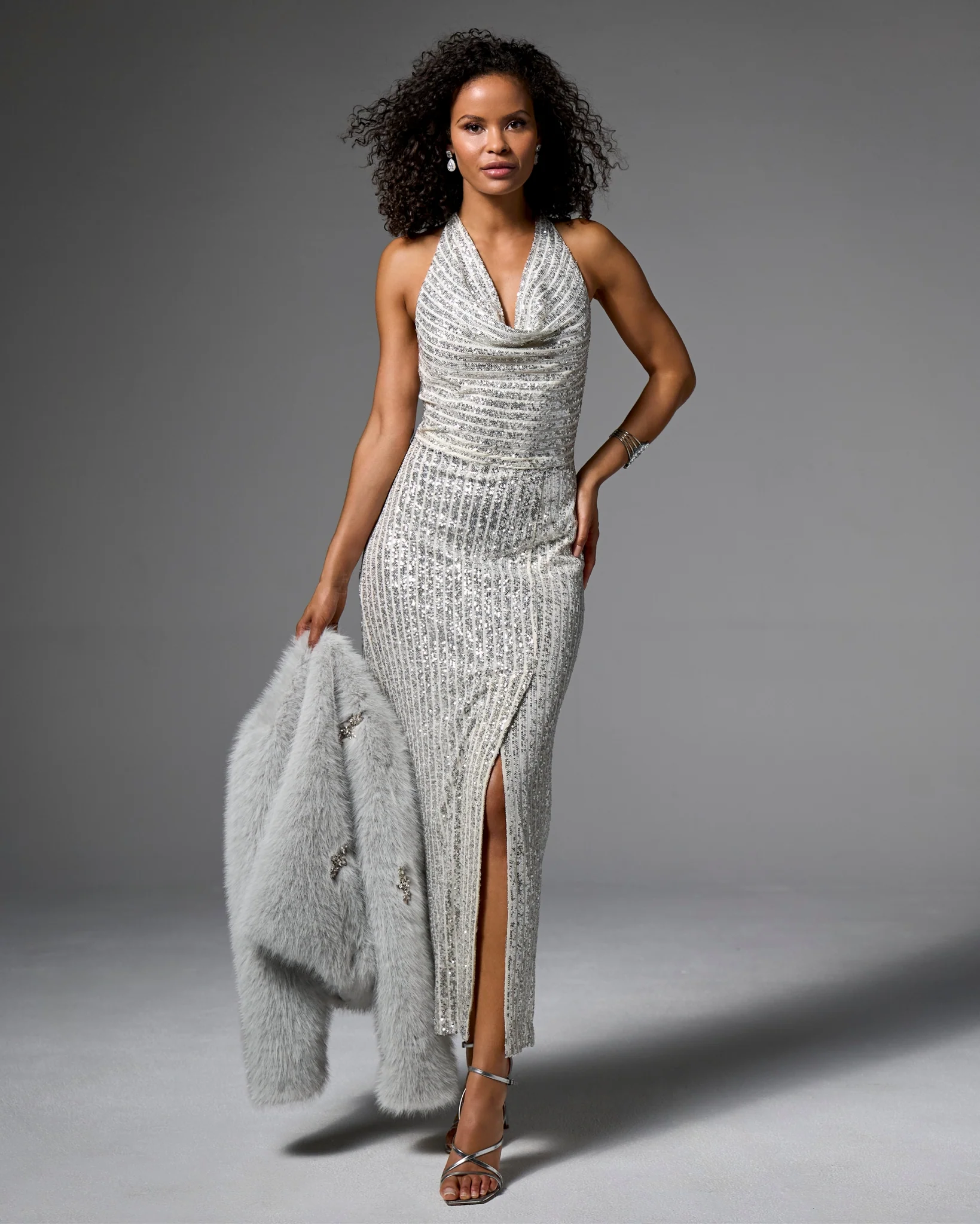 Sequin Rib Cowl Neck Slit Gown Silver - Mycitystee
