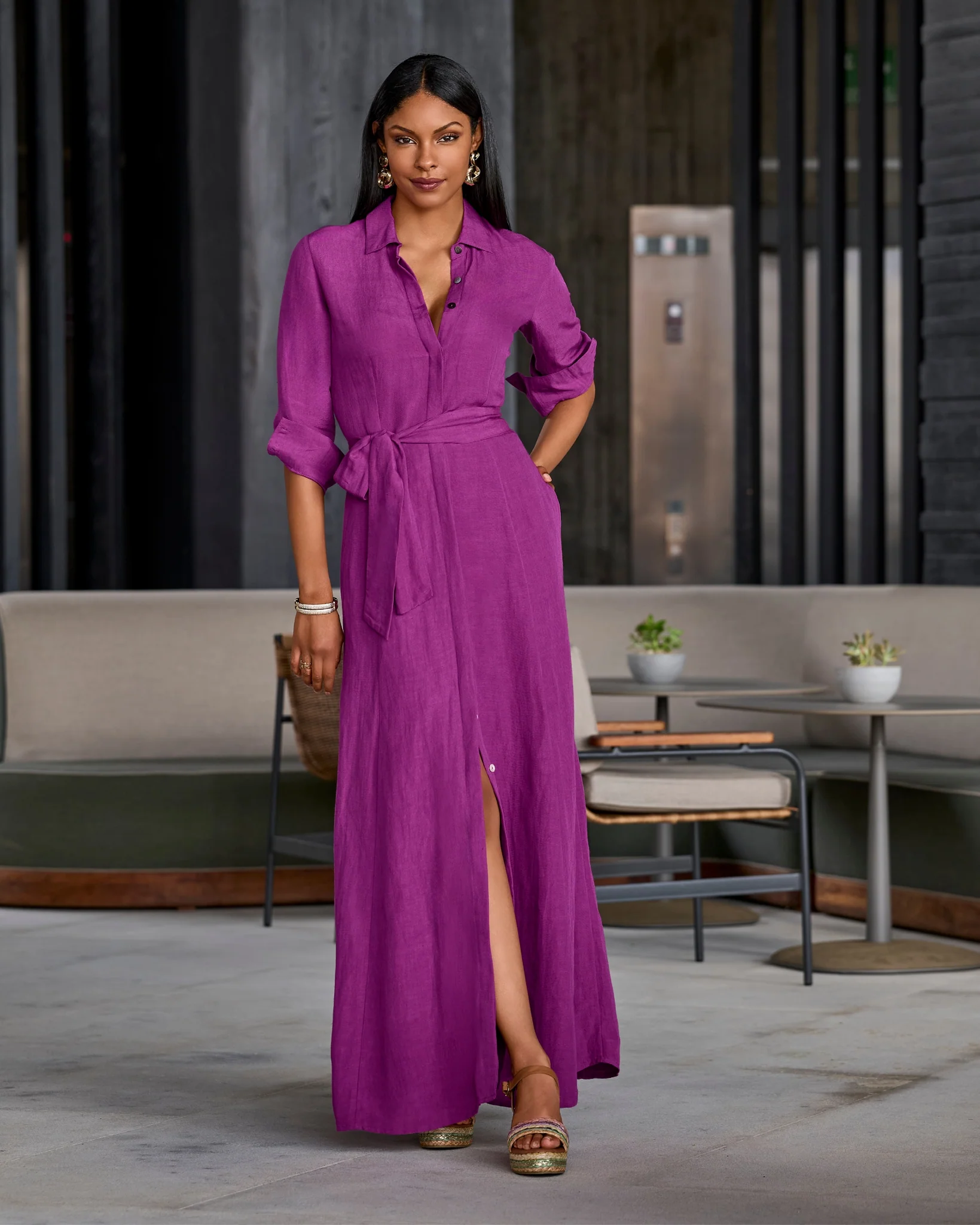 Linen Three Quarter Sleeve Maxi Shirt Dress Hollyhock - Mycitystee