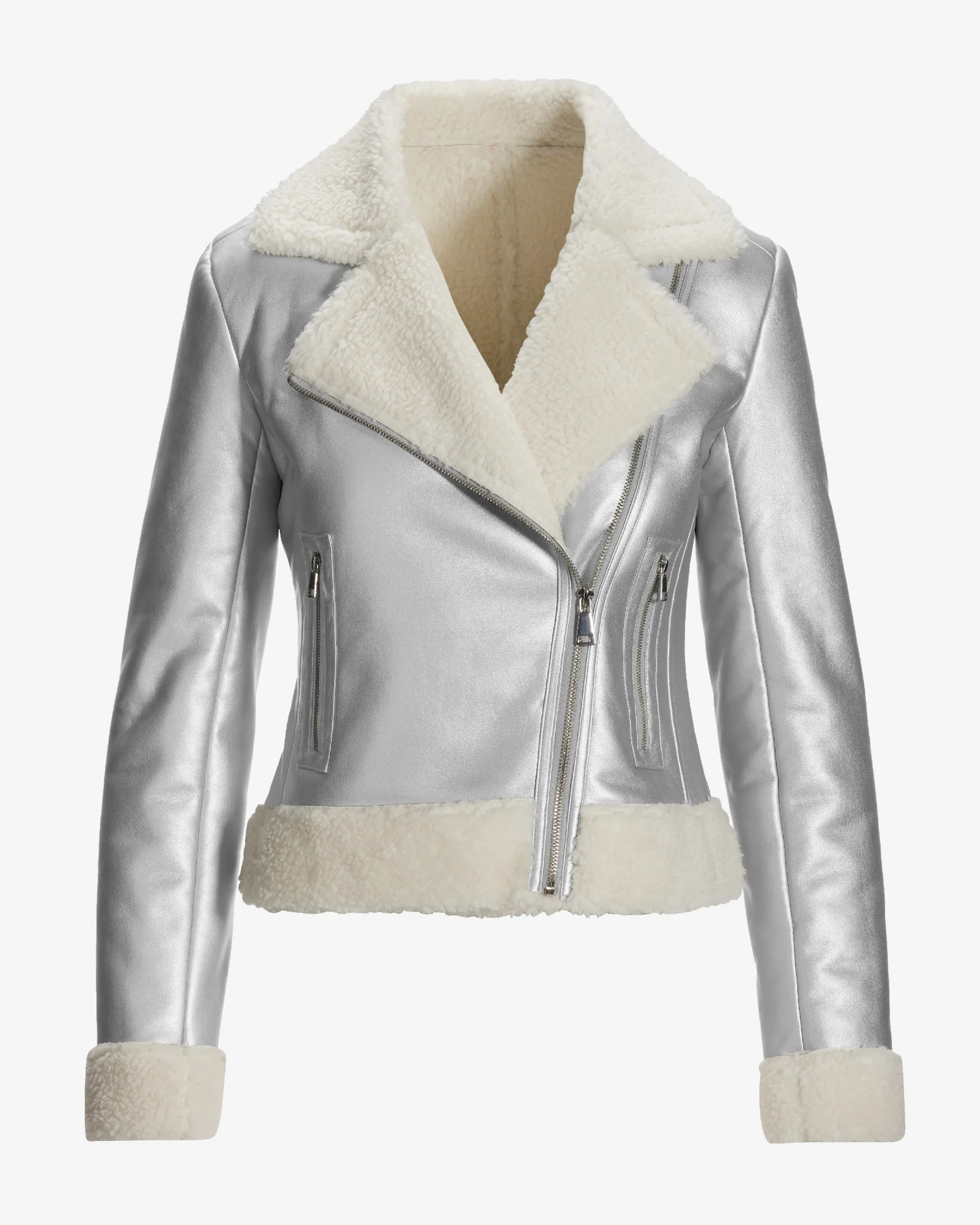 Metallic Faux Leather Sherpa Lined Moto Coat Silver - Mycitystee