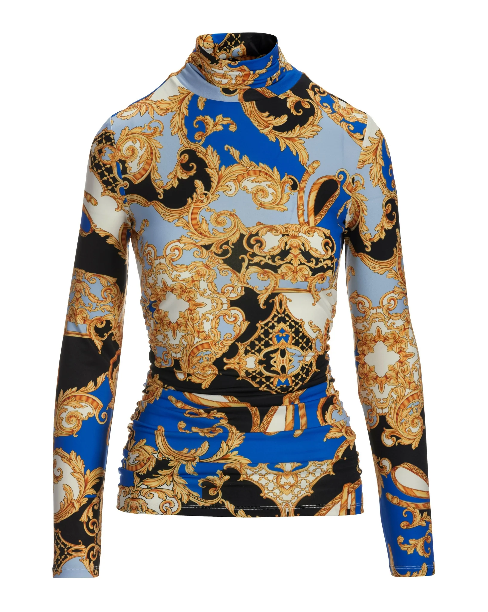 So Chic Luxe Status Printed Ruched Turtleneck Blue - Mycitystee