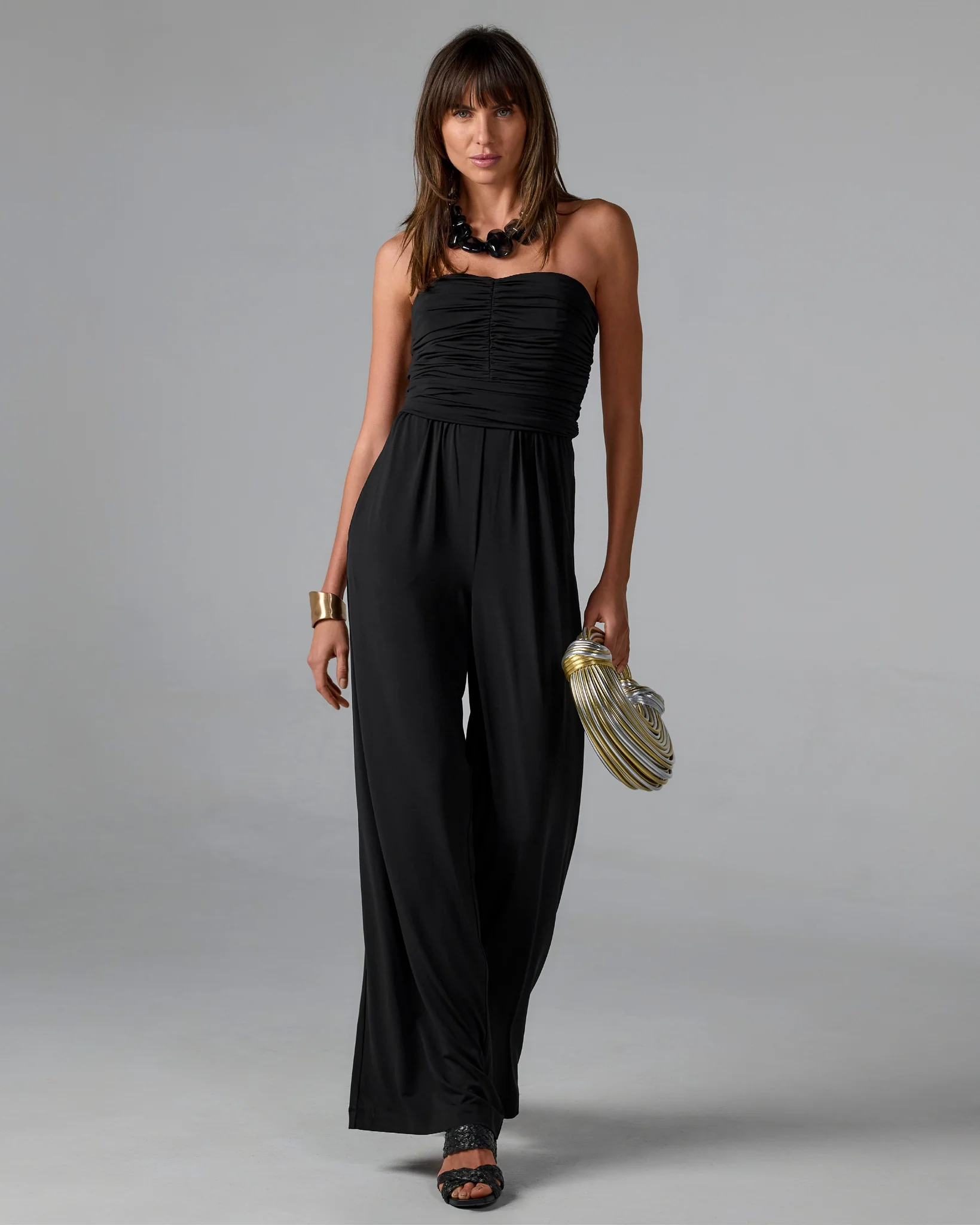 Strapless Ruched Wide Leg Knit Jumpsuit Black - Mycitystee