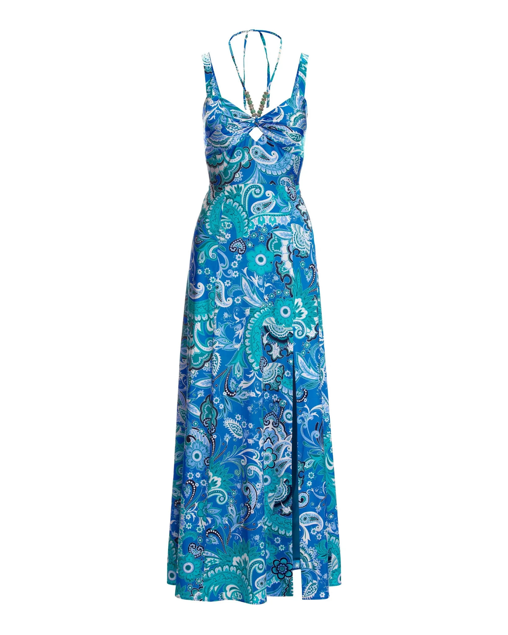 Stamped Floral Blues Print Necklace Detail Charmeuse Maxi Dress Blue - Mycitystee