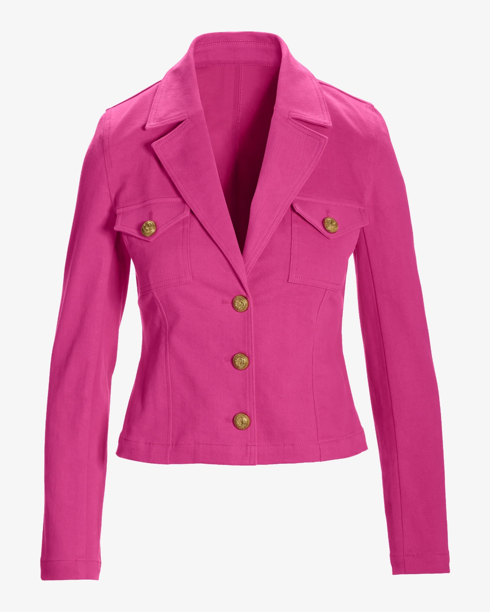 Modern Length Crest Button Luxe Denim Jacket Raspberry Rose - Mycitystee