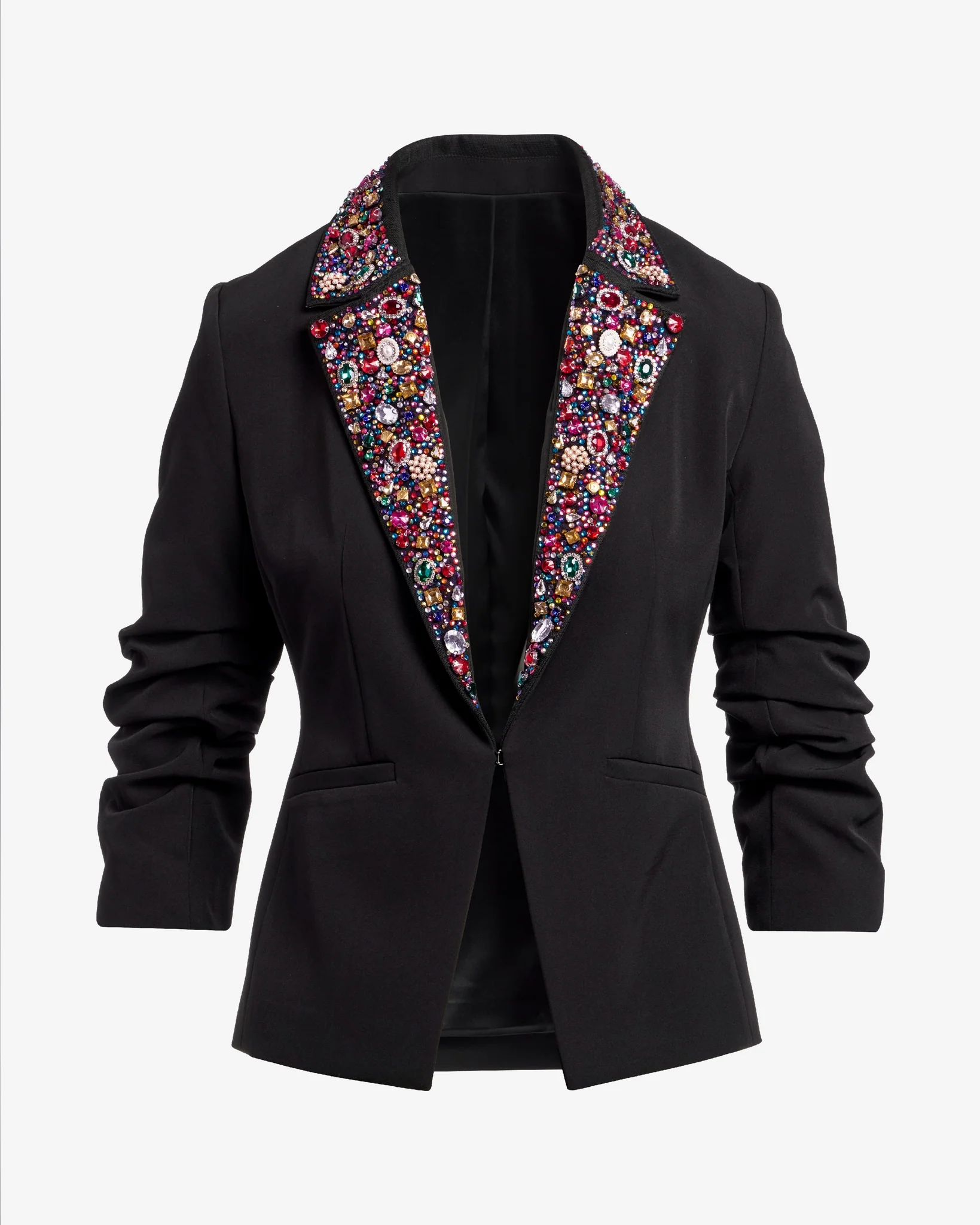 Multicolor Gem Embellished Ruched Sleeve Blazer Black - Mycitystee