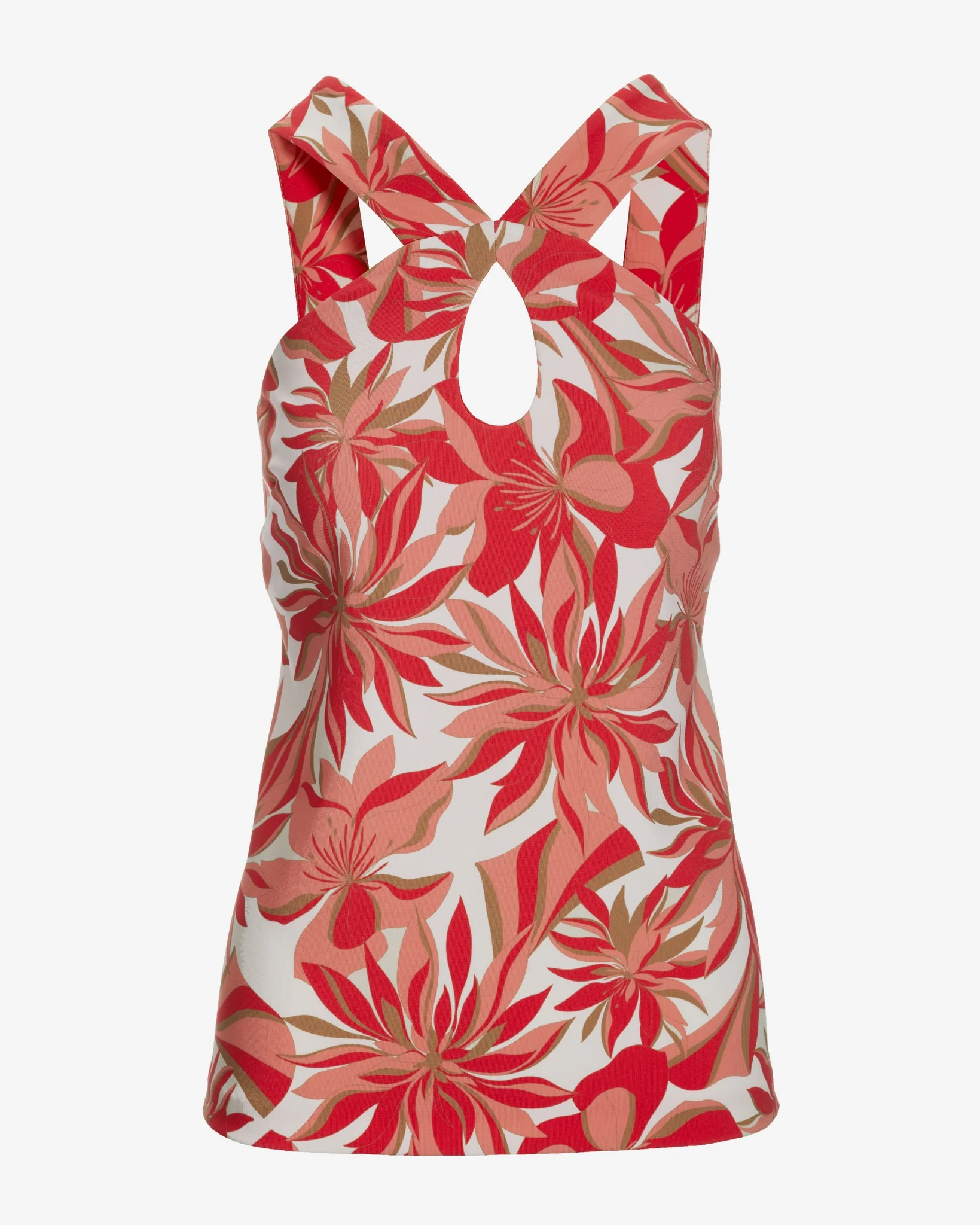 Beyond Travel Paradise Blooms Print Keyhole Tunic Top Pink Paradise/Light Camel - Mycitystee