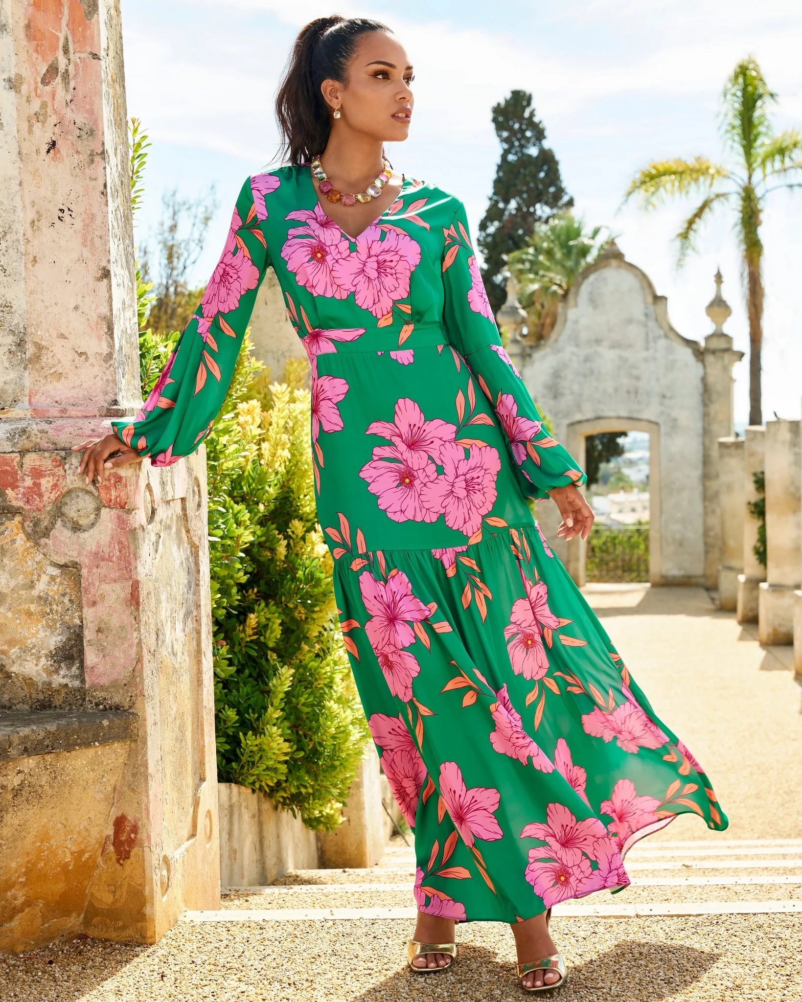 Drawn Floral Print V Neck Tiered Woven Maxi Dress Green/Pink - Mycitystee