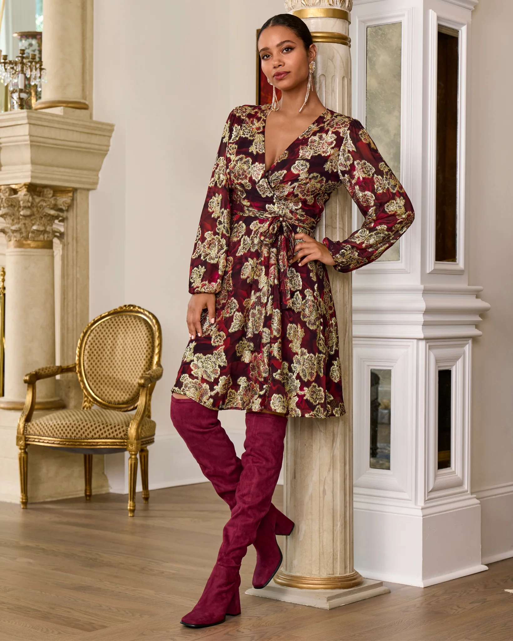 Rose Print Metallic Foil Wrap Dress Red - Mycitystee