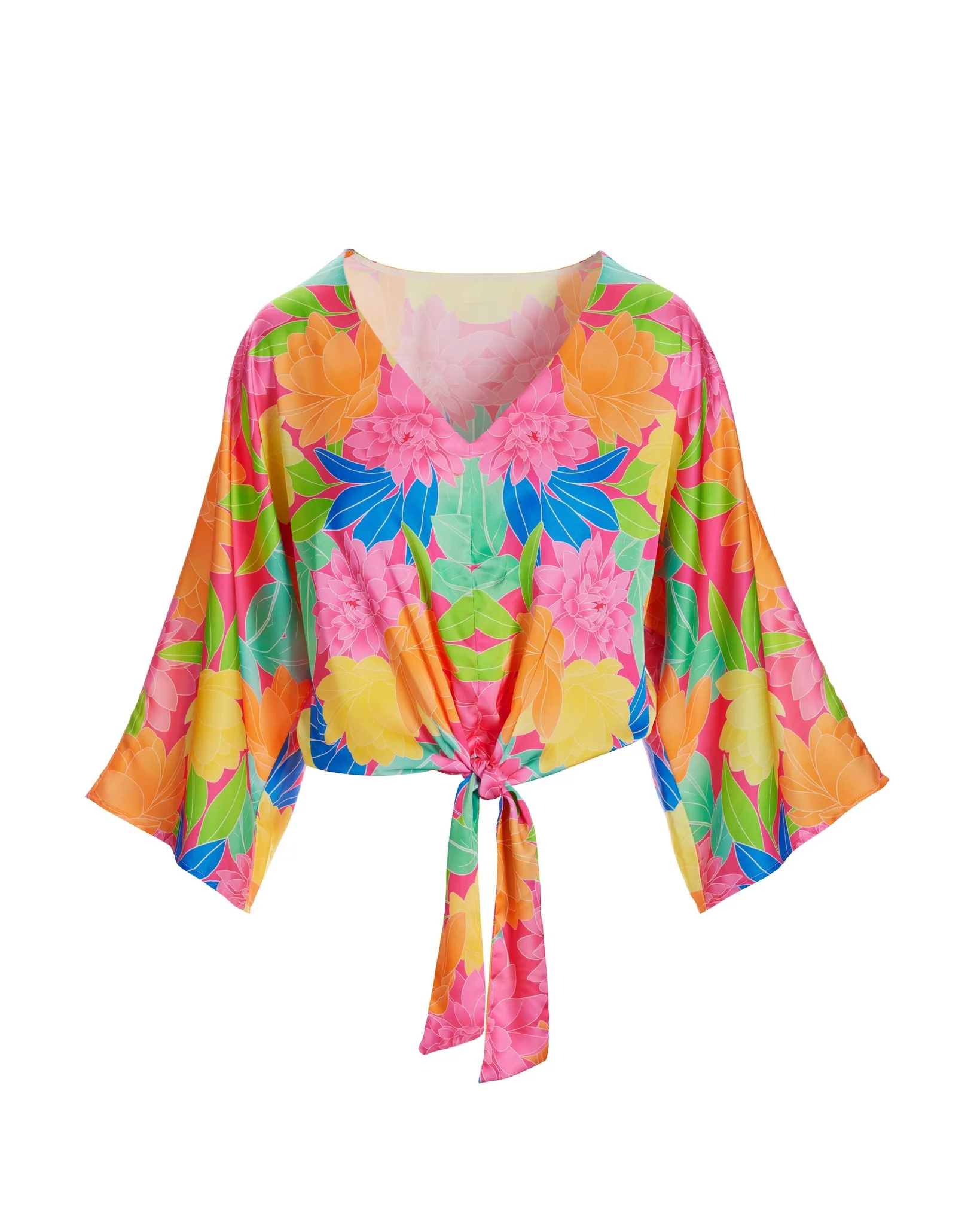 Mirrored Blooms Print Kate Tie Front Charmeuse Blouse Pink Multi - Mycitystee