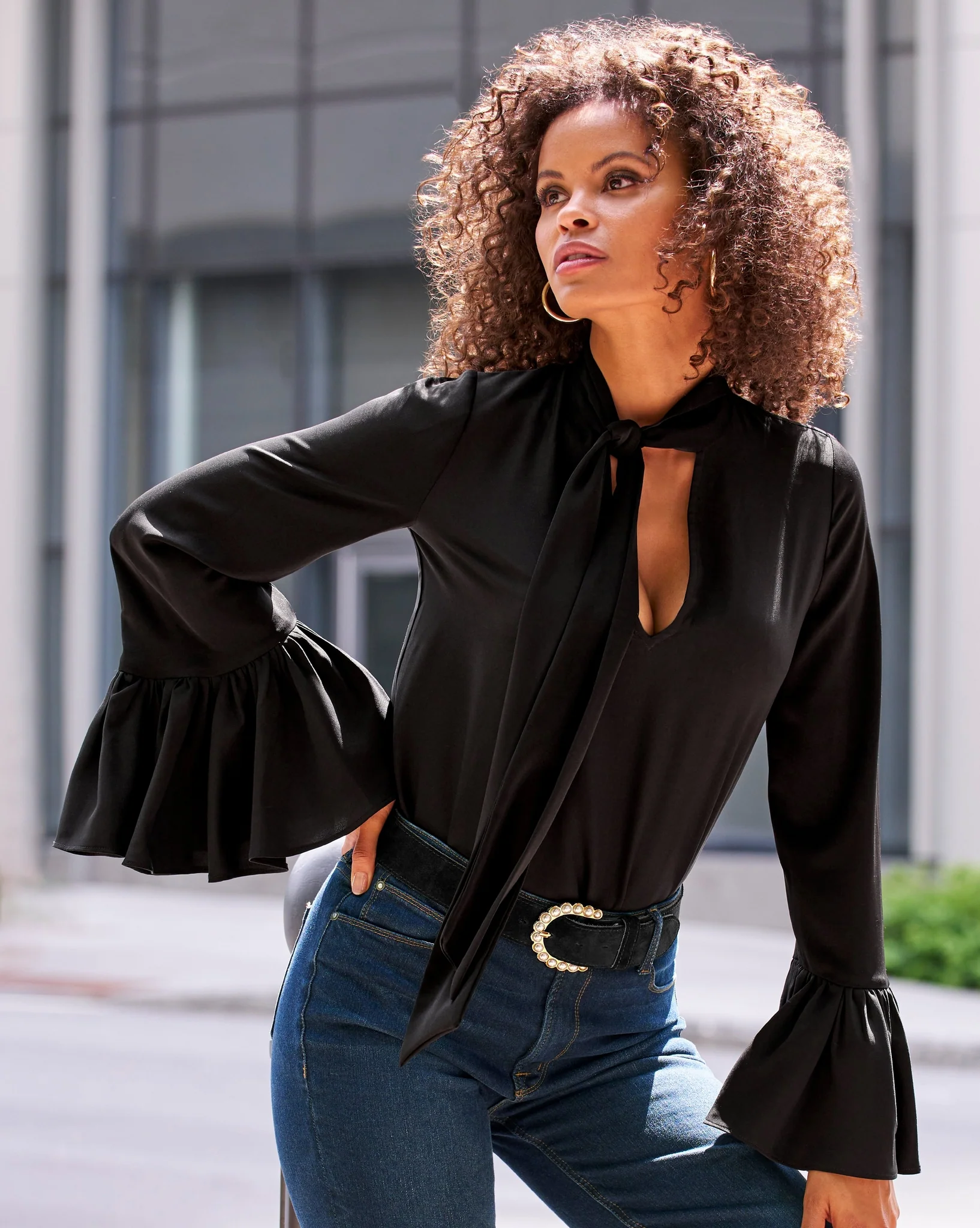 Keyhole Tie Neck Ruffle Sleeve Blouse Black - Mycitystee