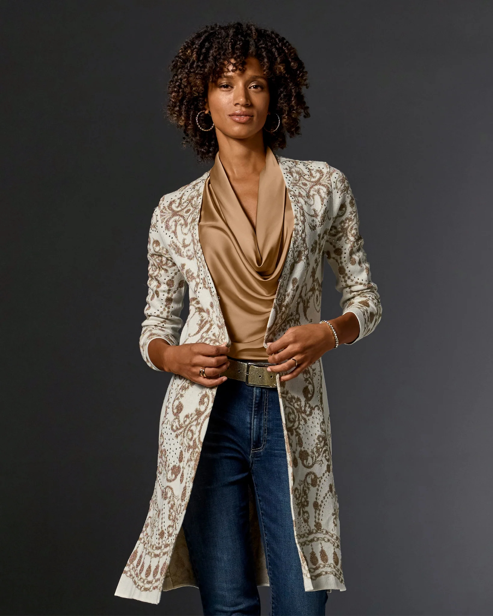 Patterned Long Lightweight Cardigan Golden Scrolls - Mycitystee