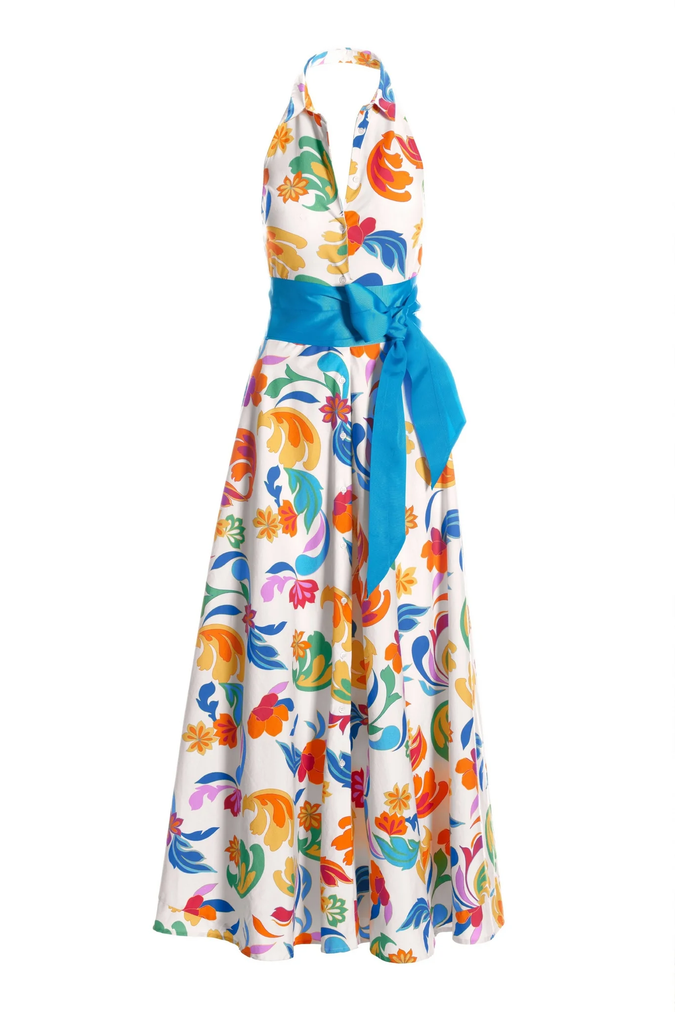 Bright Print Halter Belted Maxi Shirt Dress Multi - Mycitystee