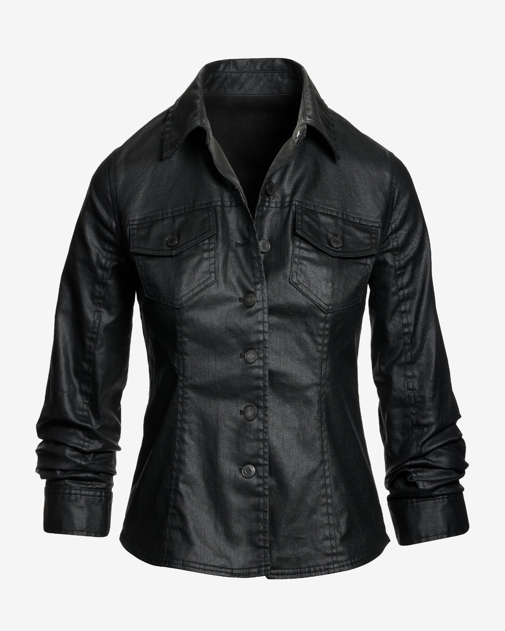 Coated Denim Ruched Sleeve Jacket Black - Mycitystee