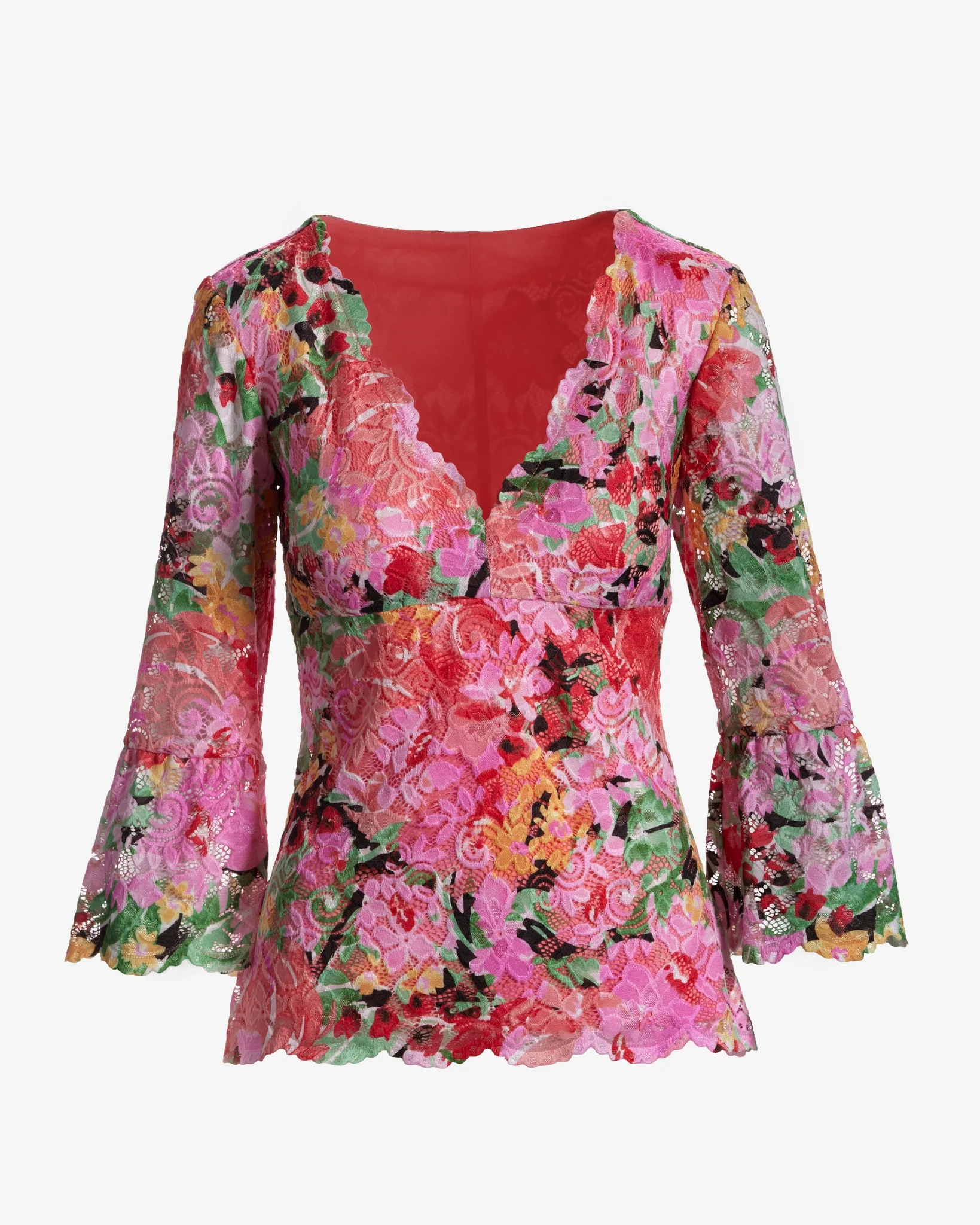 Printed V Neck Scallop Lace Top Pink Multi - Mycitystee