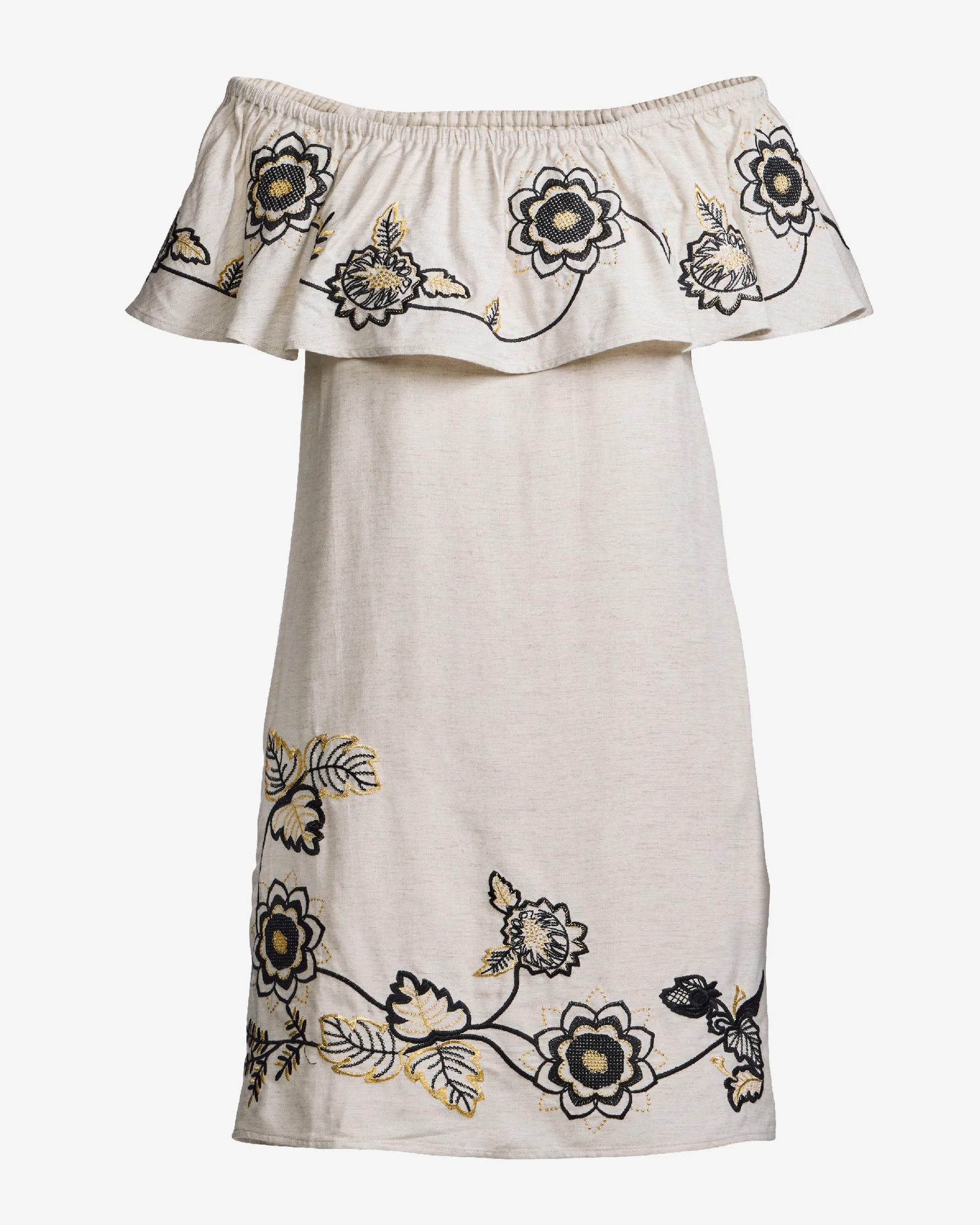 Linen Embroidered Off The Shoulder Shift Dress Flax - Mycitystee
