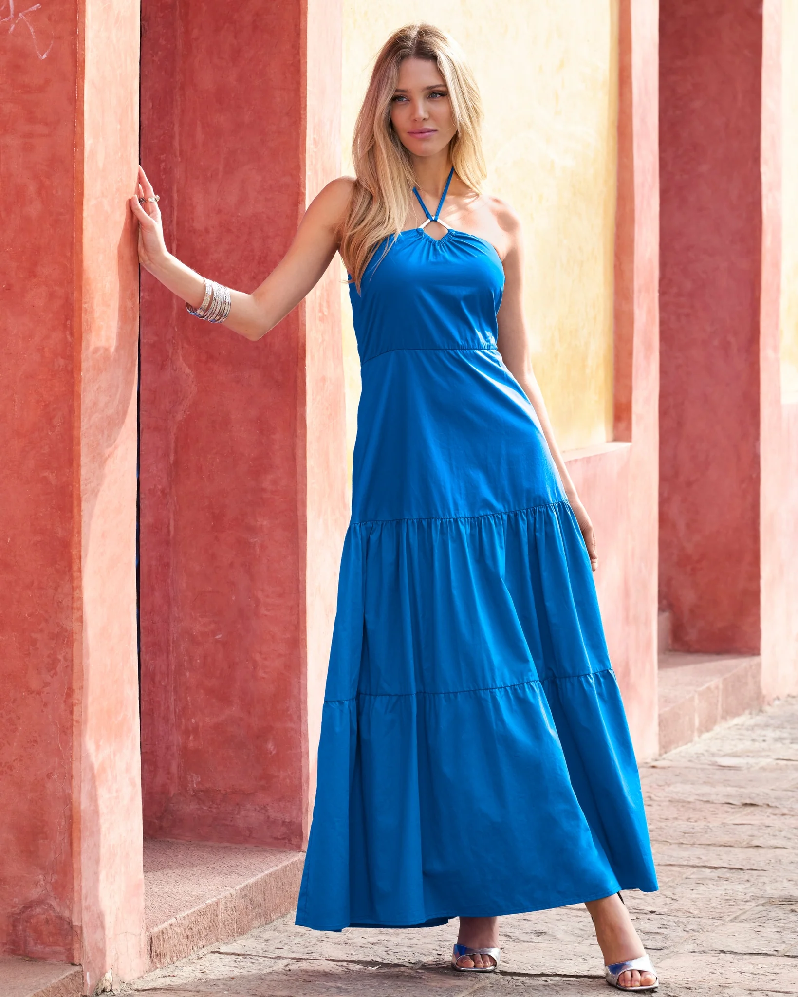 Hardware Halter Tiered Poplin Maxi Dress Indigo Bunting - Mycitystee