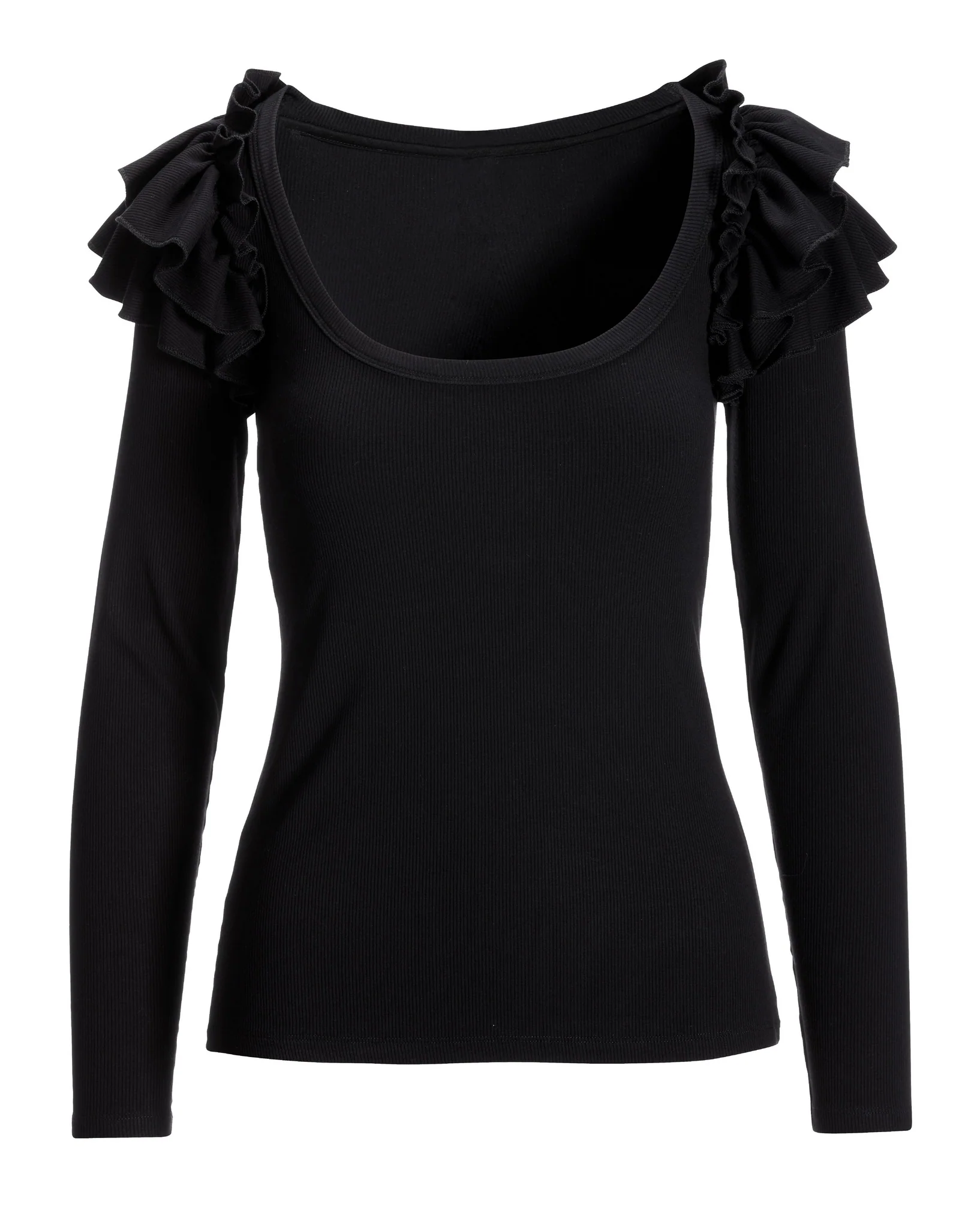 So Essential Ruffle Ribbed Long Sleeve Top Proper Black - Mycitystee