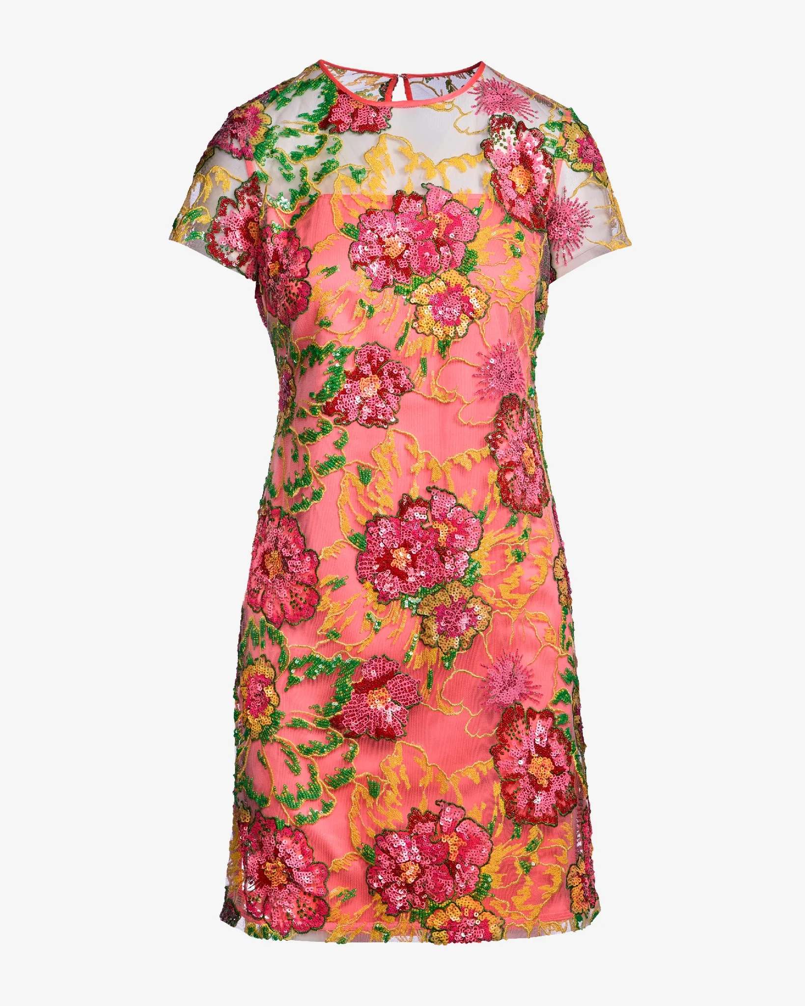 Sequin Embroidered Mesh Short Sleeve Dress Pink Multi - Mycitystee