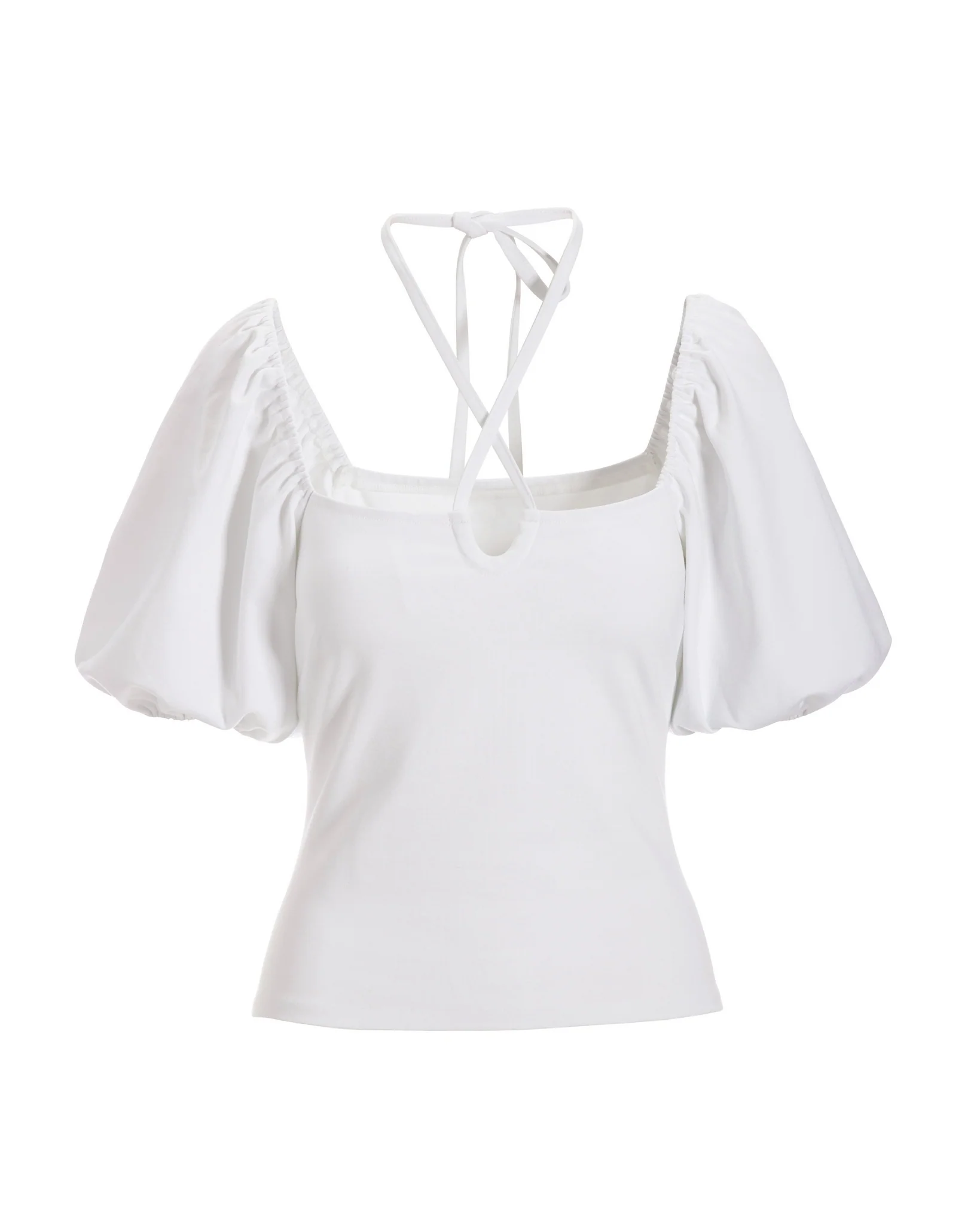 Strappy Keyhole Puff-Sleeve Knit Top White - Mycitystee