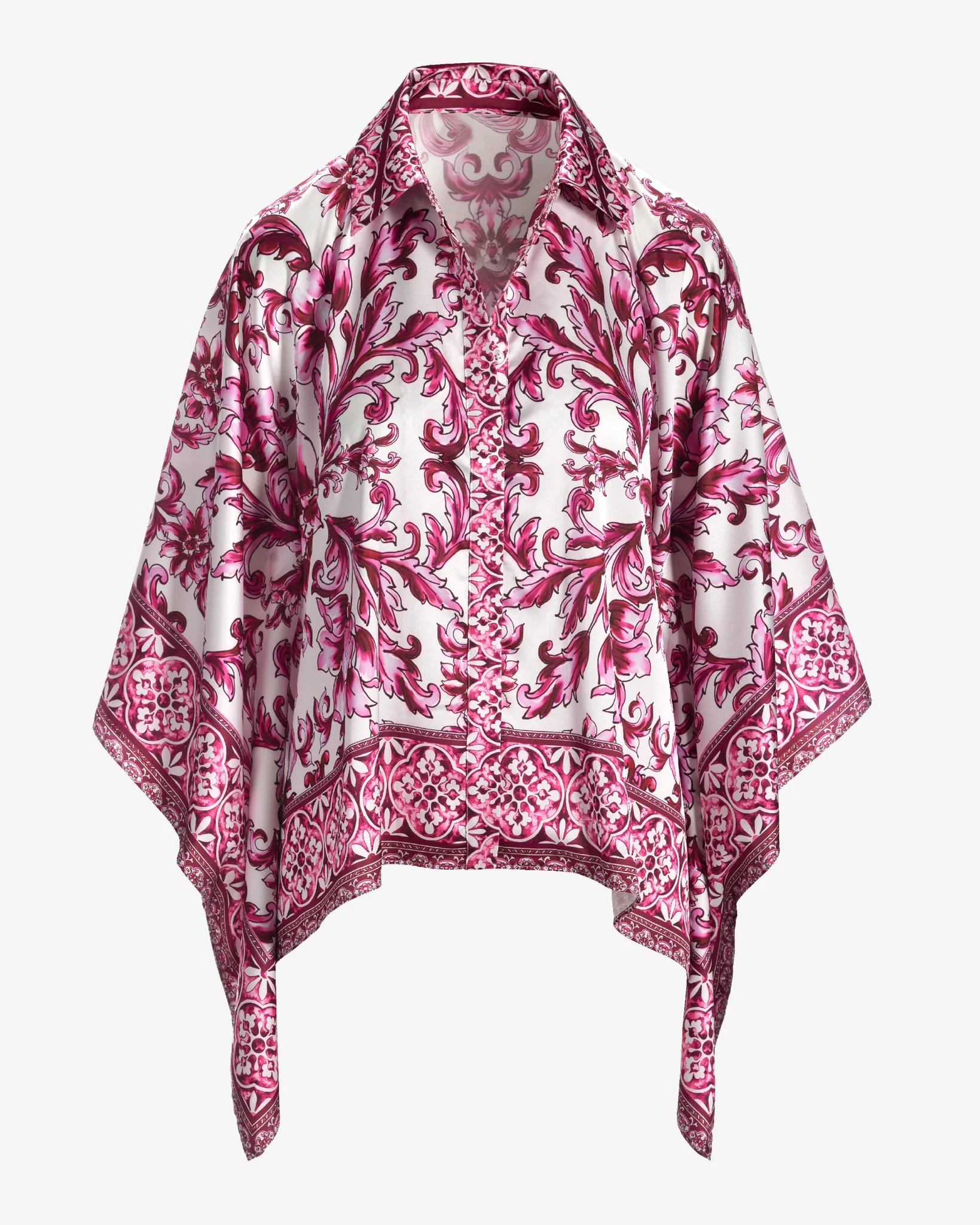 Bella Vita Border Print Roxy Poncho charmeuse blouse Pink Multi - Mycitystee