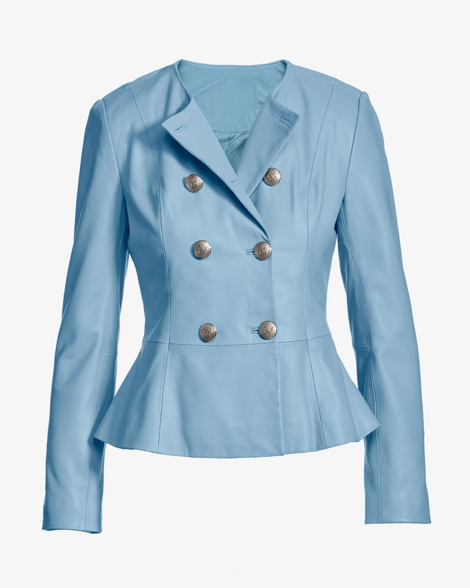 Genuine Leather Double Breasted Peplum Jacket Baltic Sea - Mycitystee