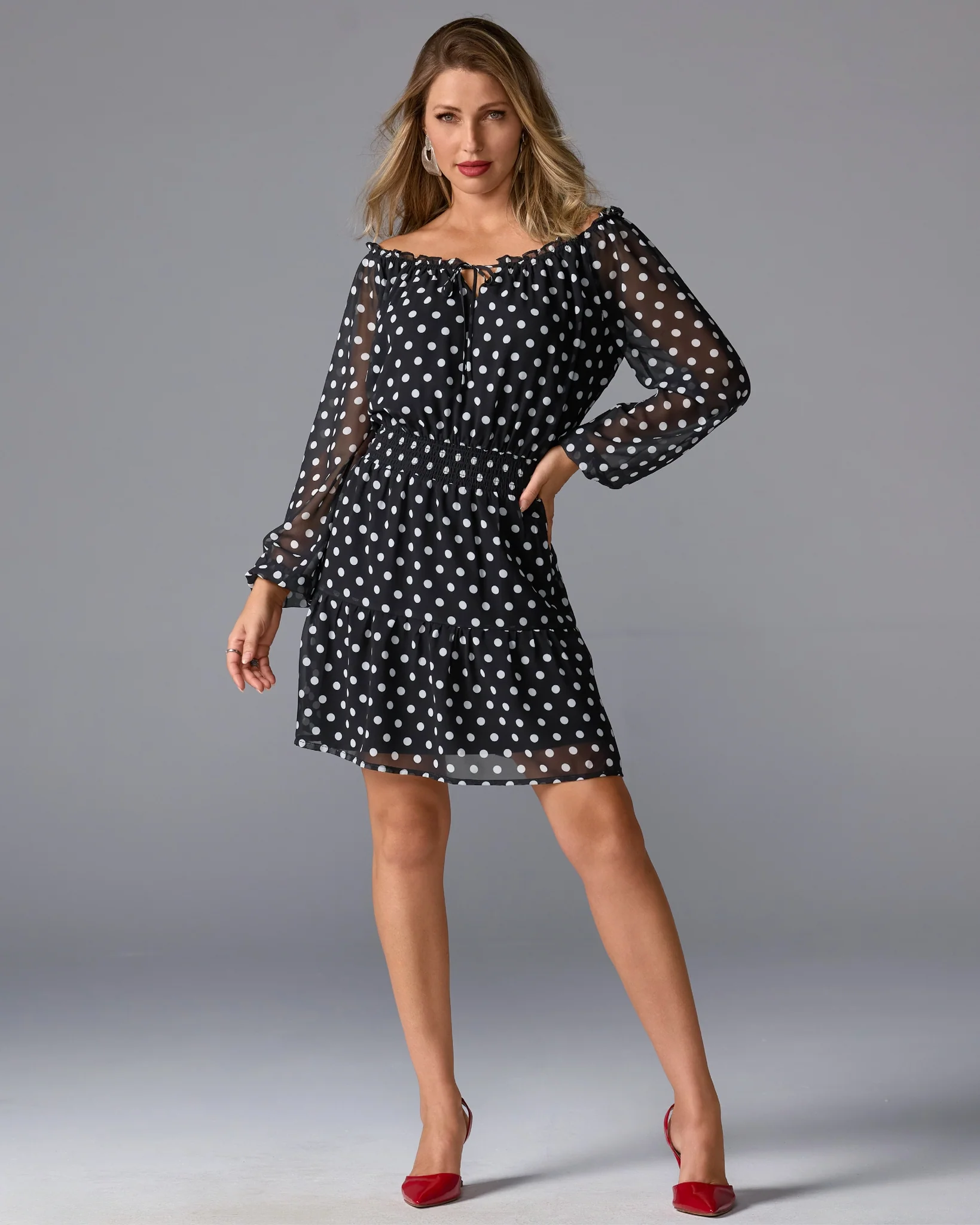 Polk-a-Dot Shoulder Skimming Smocked Waist Dress Stunning Spots - Mycitystee