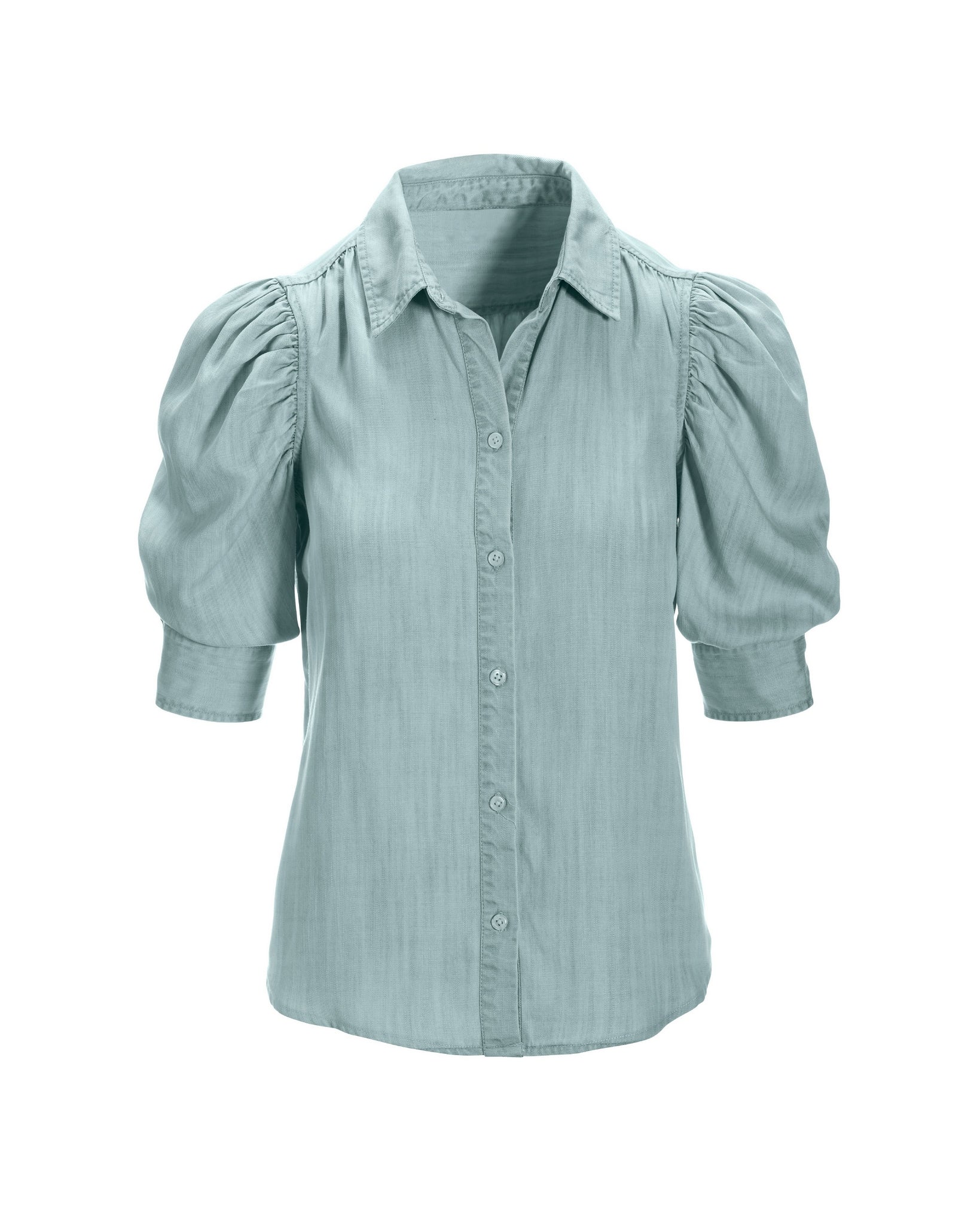 Puff-Sleeve Tencel Button-Up Shirt Light Wash - Mycitystee
