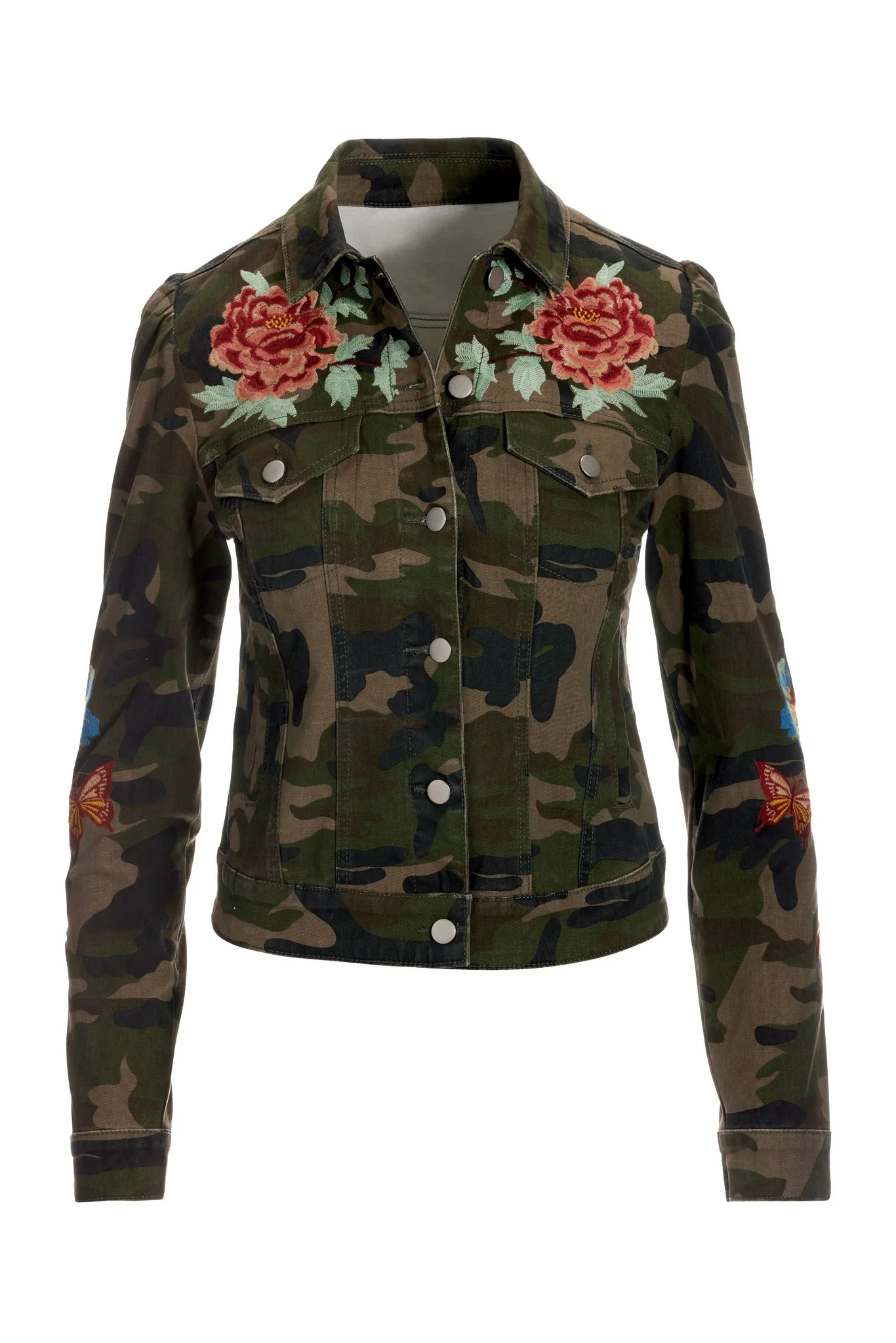 Embroidered Camo Print Denim Jacket Green Multi - Mycitystee