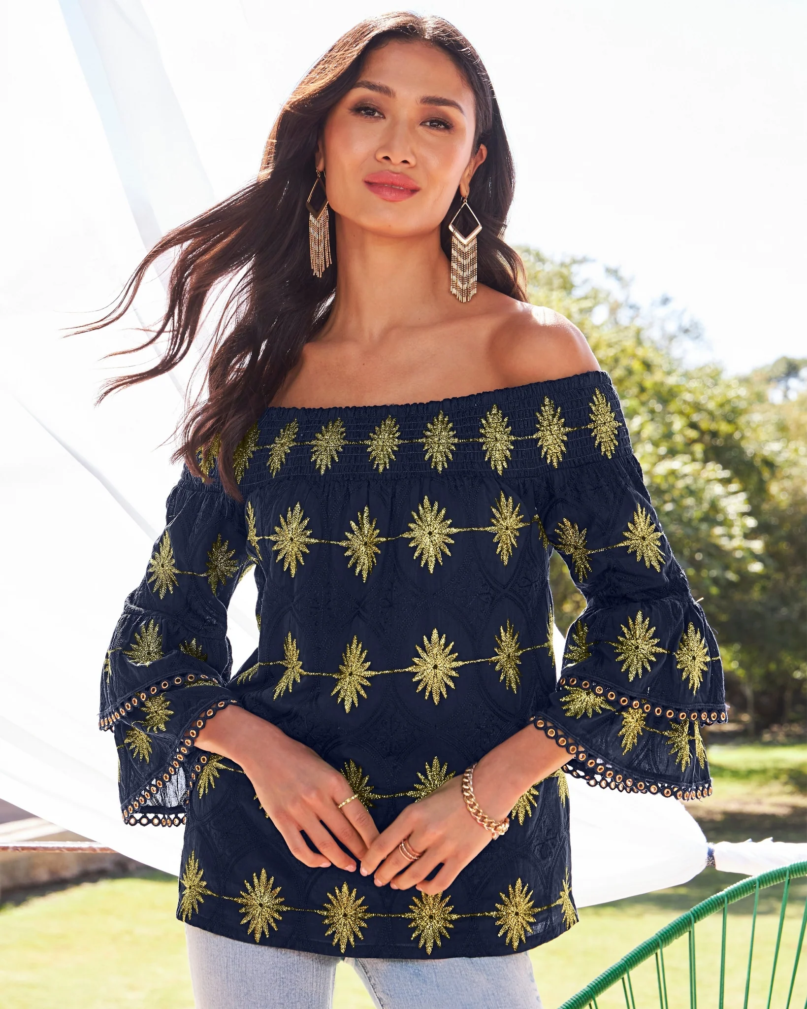 Metallic Off-The-Shoulder Tiered-Sleeve Blouse Navy/Gold - Mycitystee