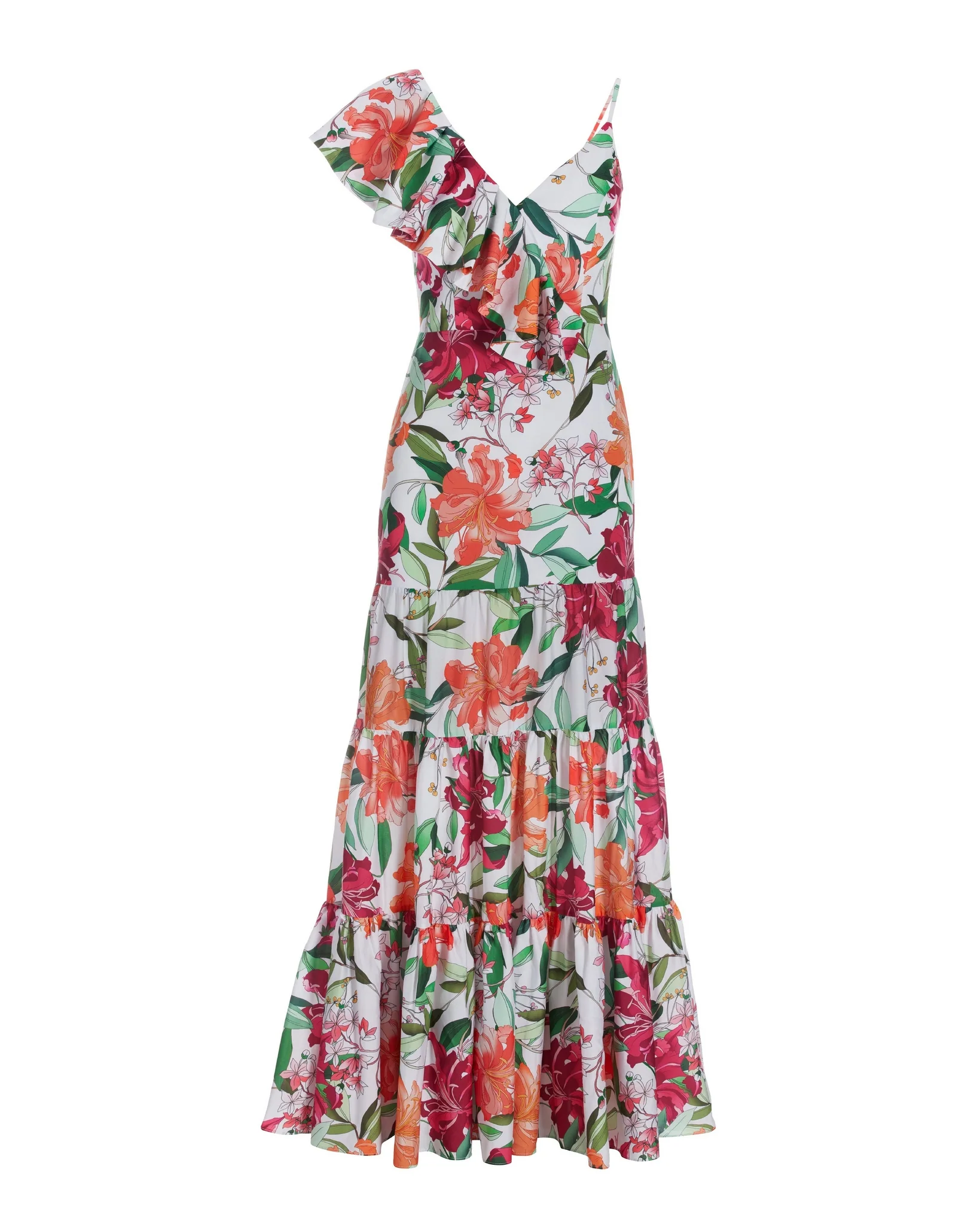 Hibiscus Dreams Print Asymmetrical Ruffle Detail Maxi Dress Purple - Mycitystee