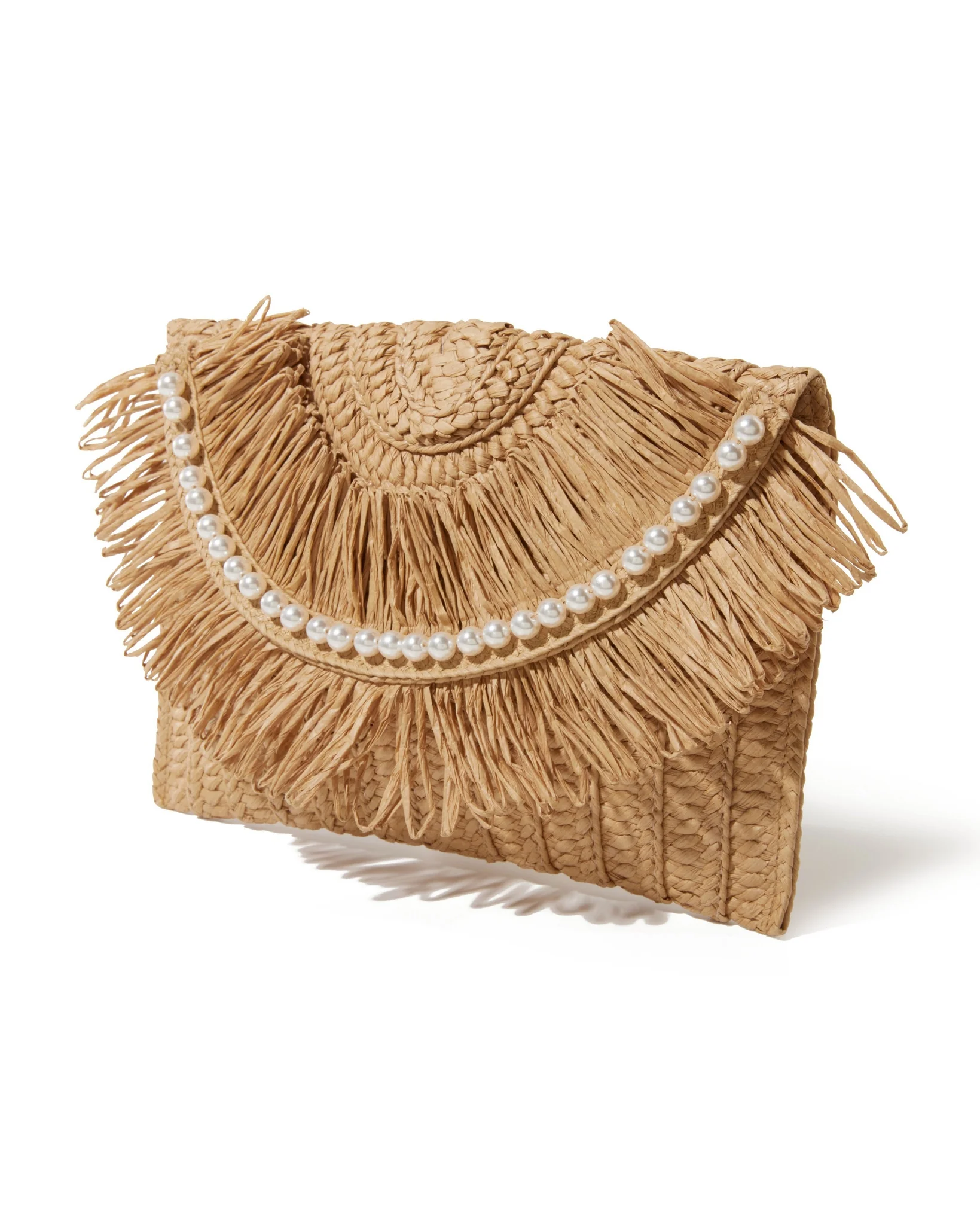 Straw and Pearl Fringe Clutch Natural - Mycitystee