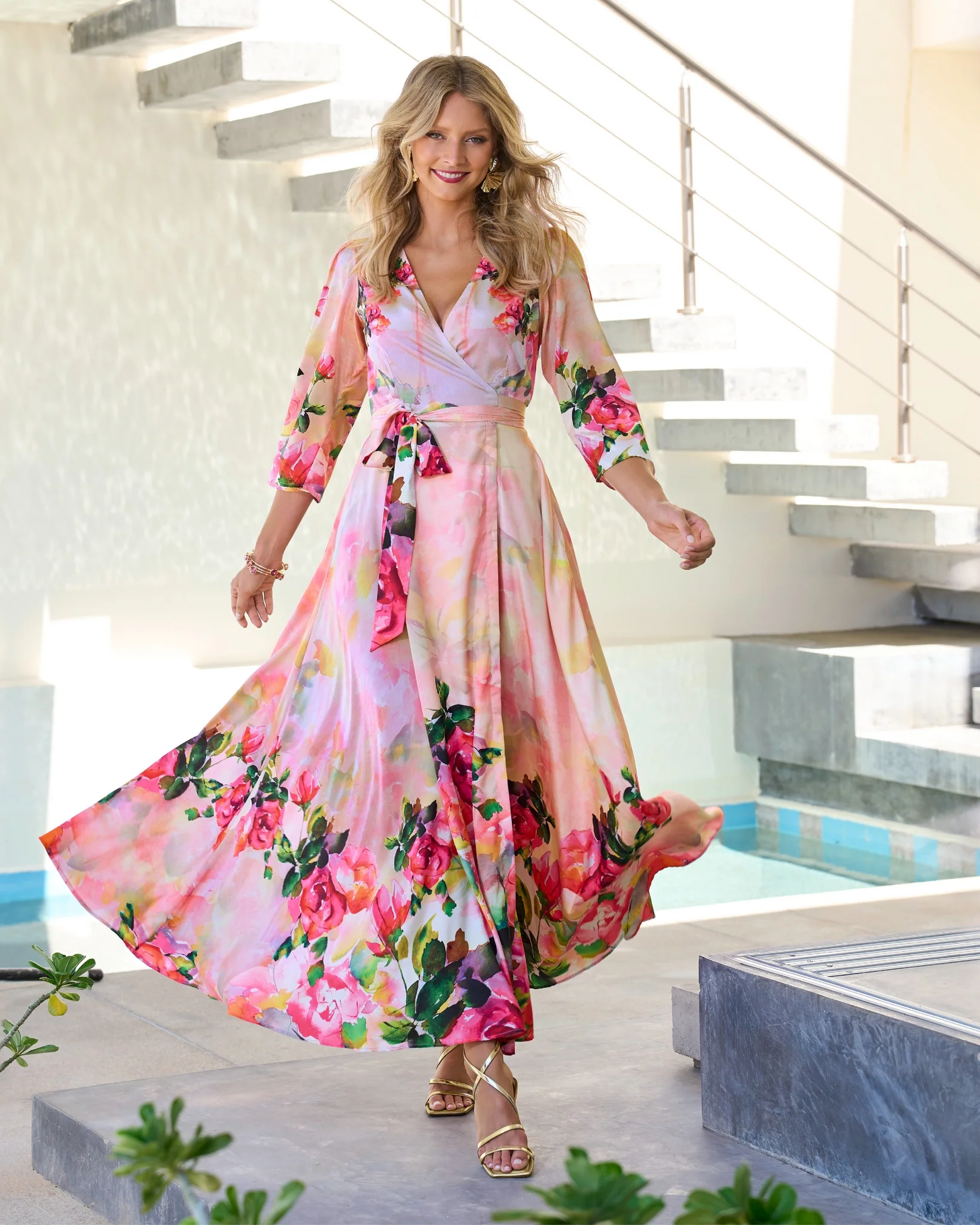 Watercolor Floral Print Wrap Maxi Dress Pink Multi - Mycitystee