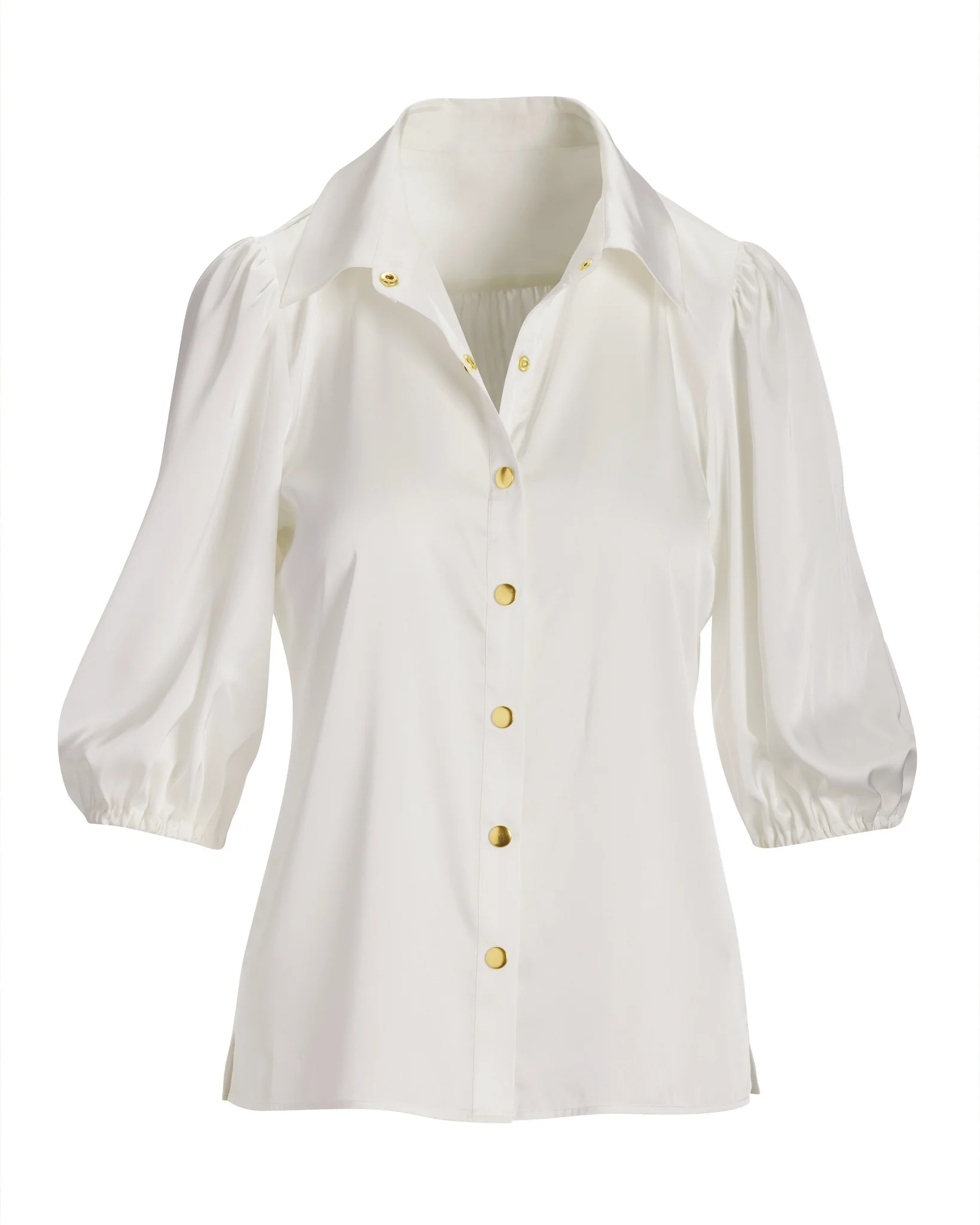 Gathered Sleeve Charmeuse Button Up Shirt Off White - Mycitystee