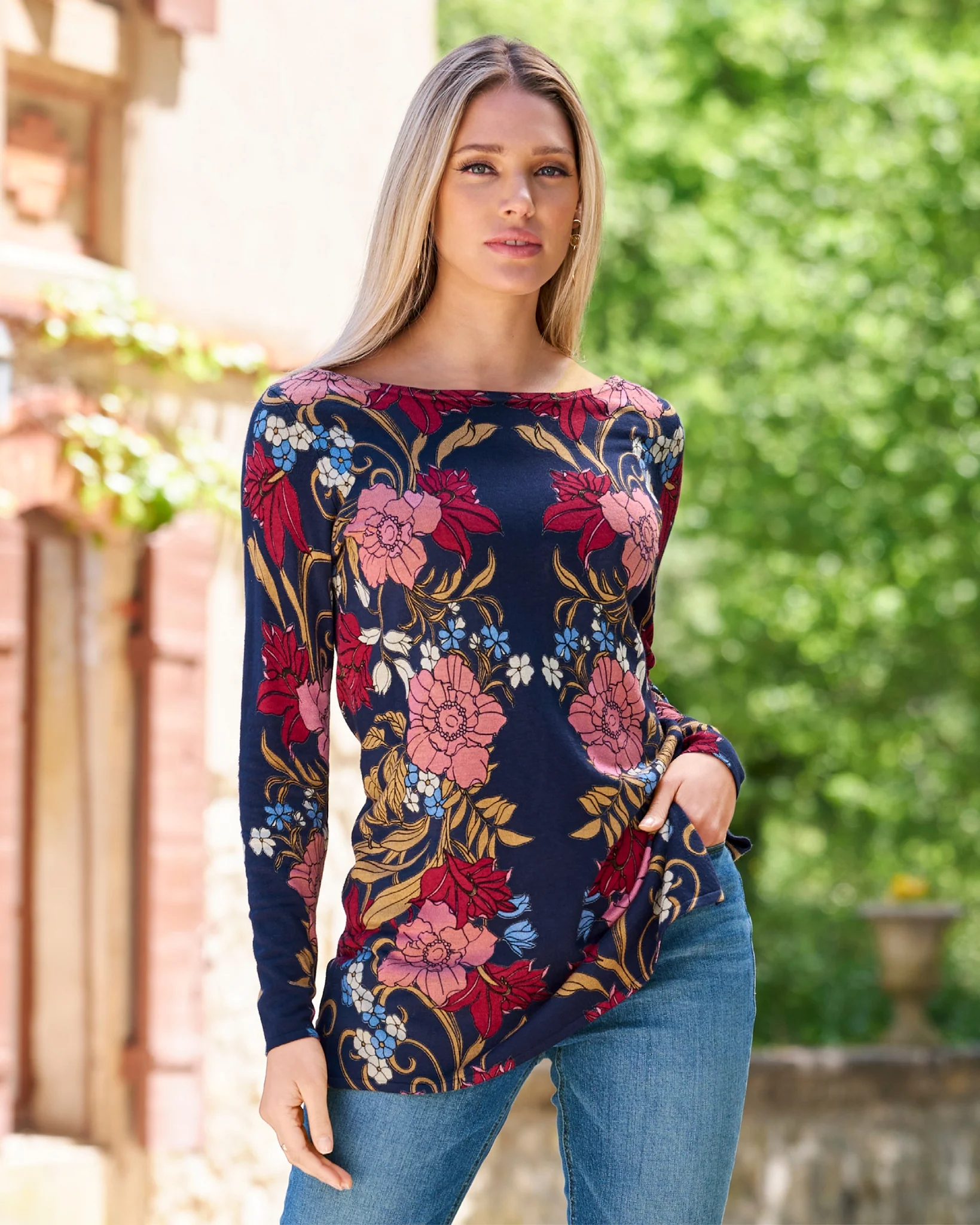Floral Vines Boatneck Tunic Sweater Multi - Mycitystee