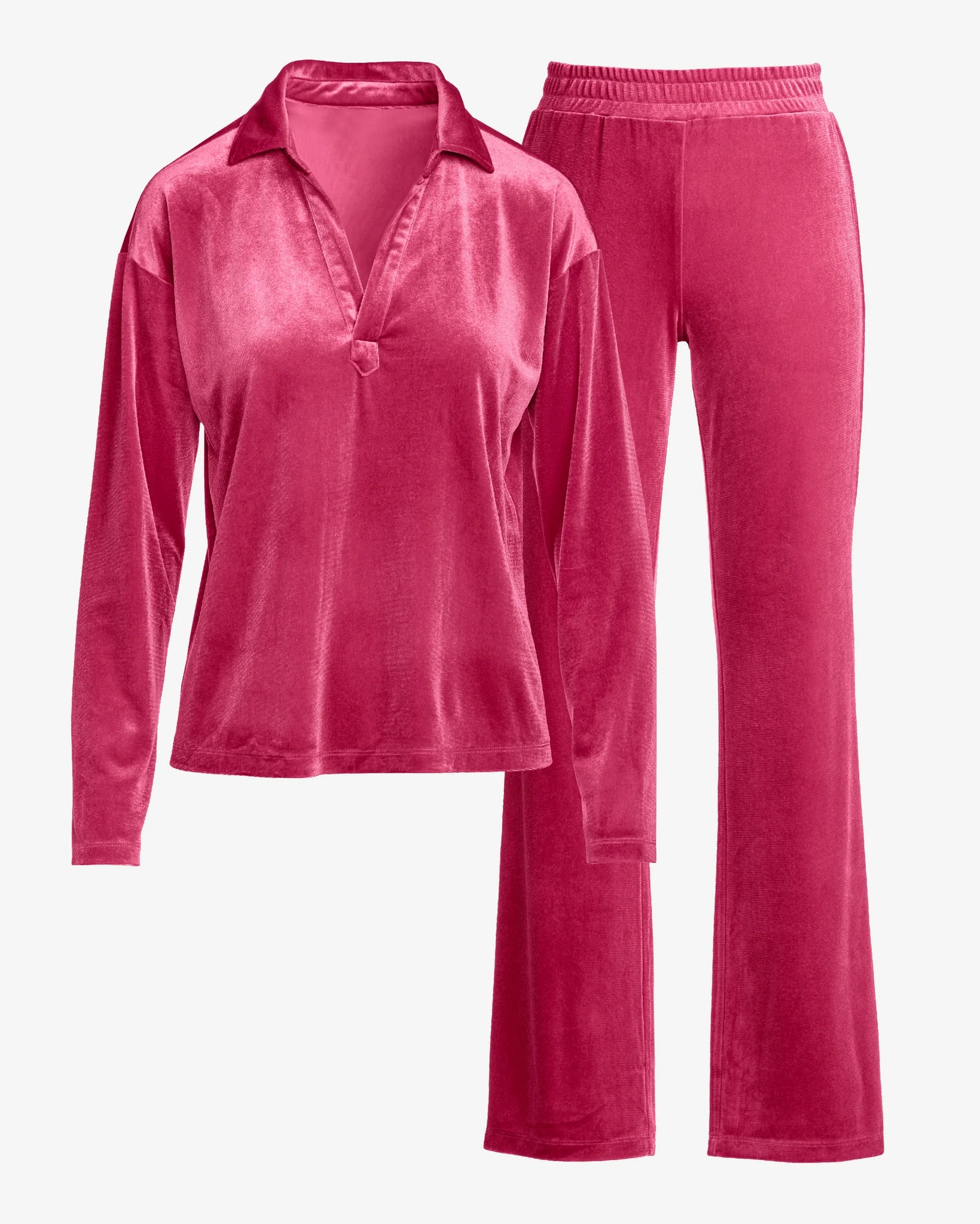 Chic Velour Collared V Neck Wide Leg Pant Set Pink - Mycitystee