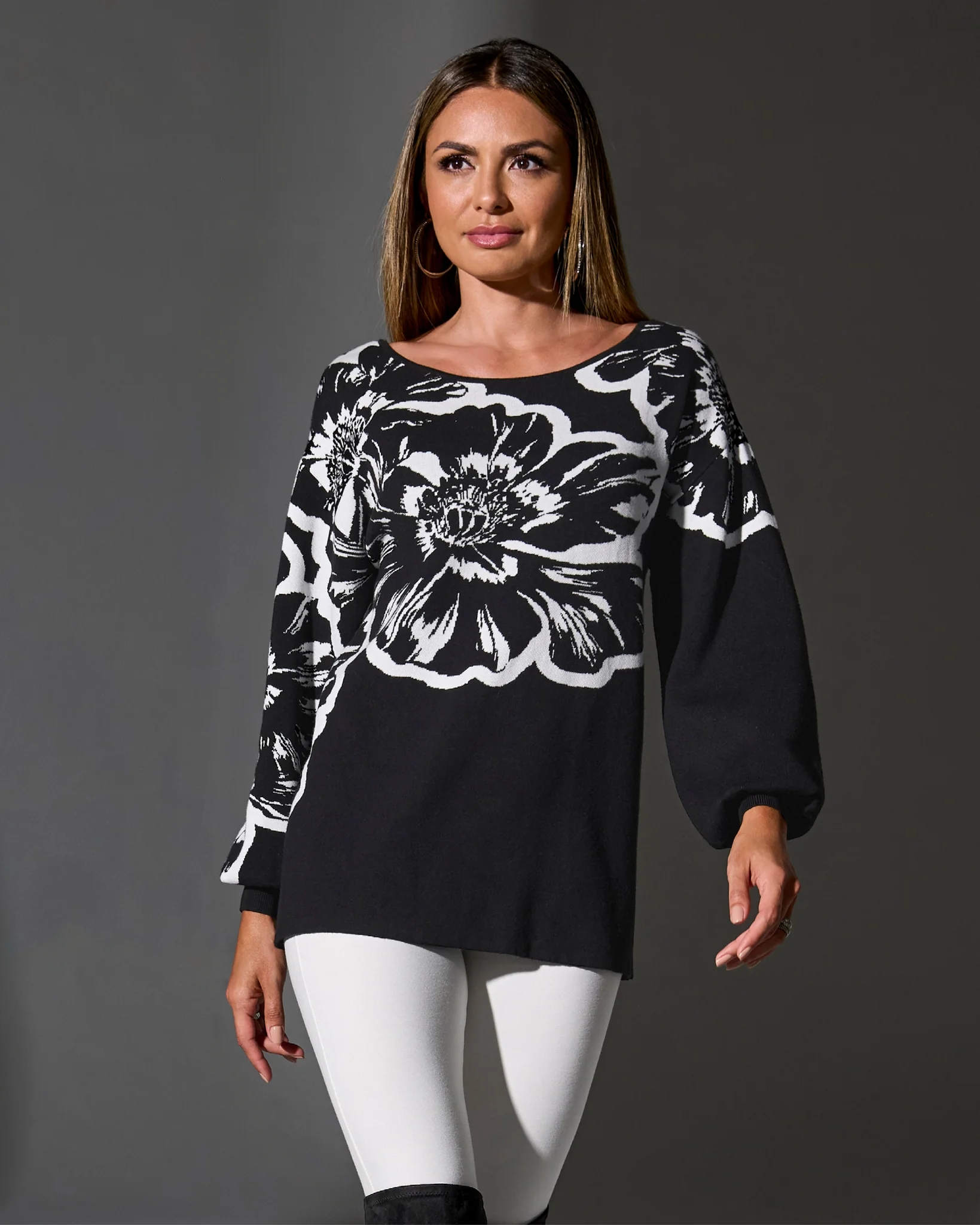 Printed Slouchy Boatneck Sweater Contrast Floral - Mycitystee