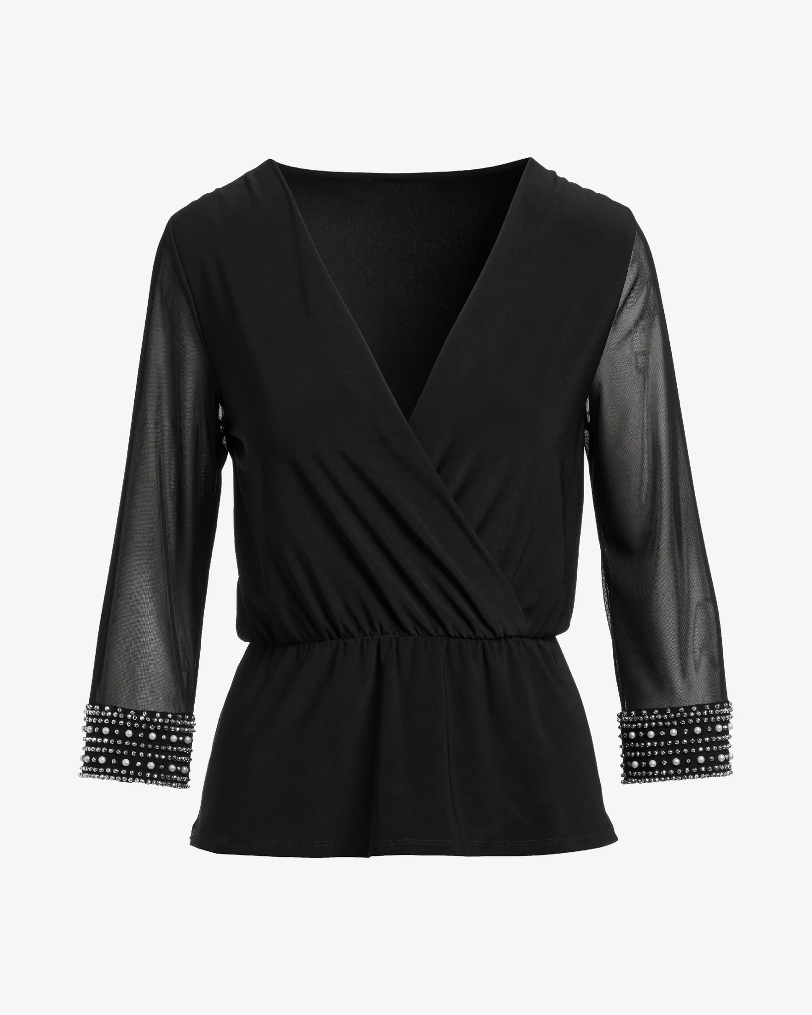 Pearl and Rhinestone Embellished Sleeve Surplice Knit Black - Mycitystee