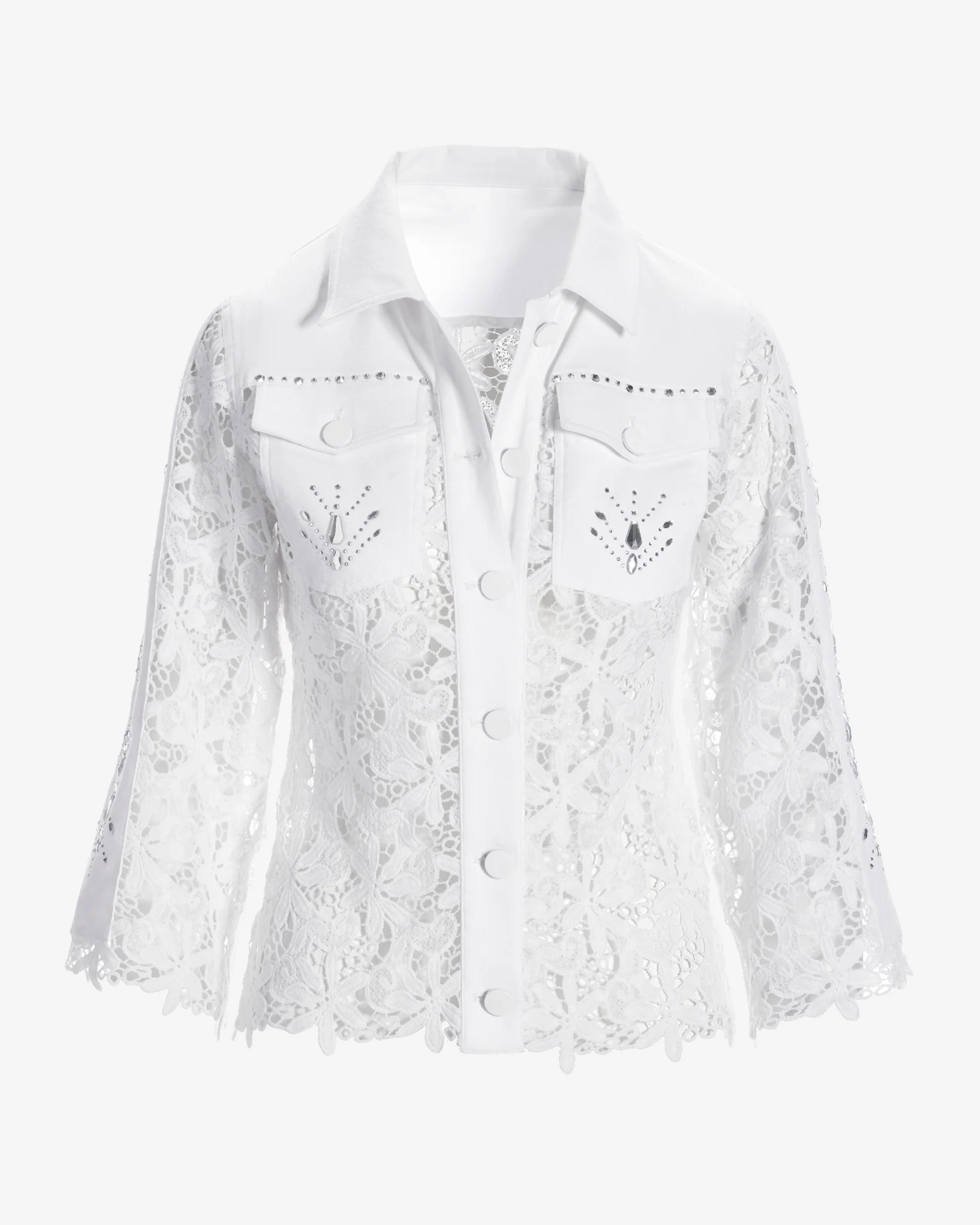 Embellished Lace Three-Quarter Sleeve Denim Jacket White - Mycitystee
