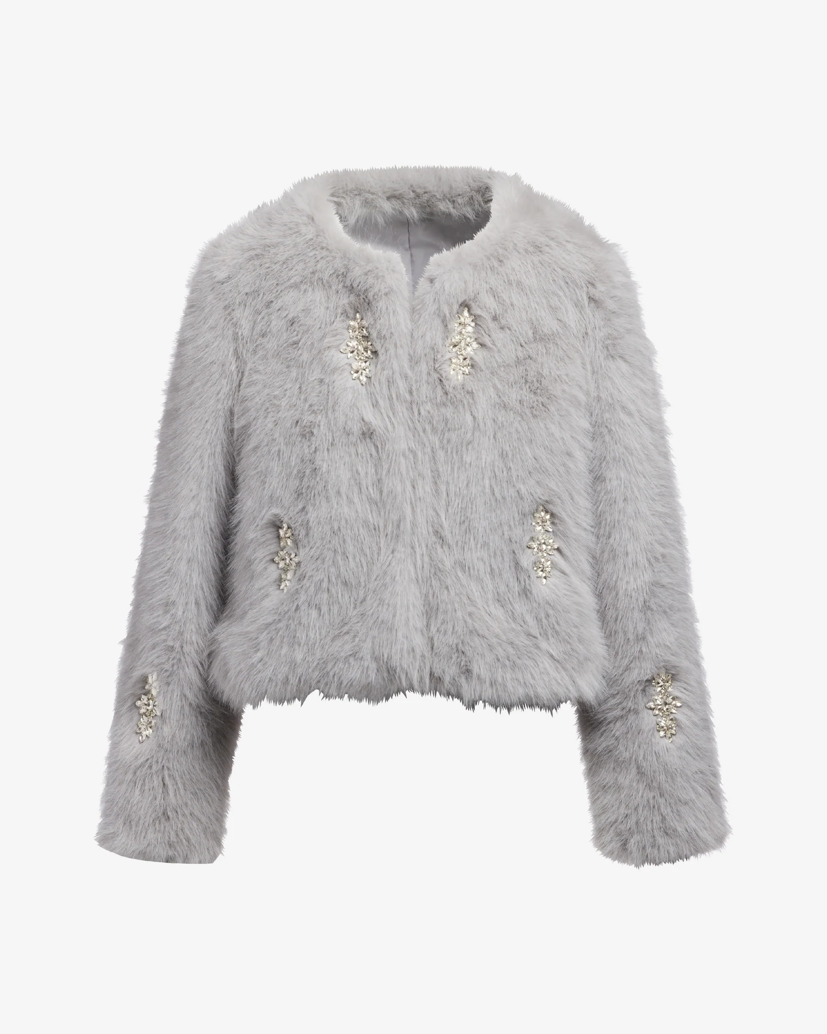 Crystal Embellished Luxe Faux Fur Coat Gray - Mycitystee