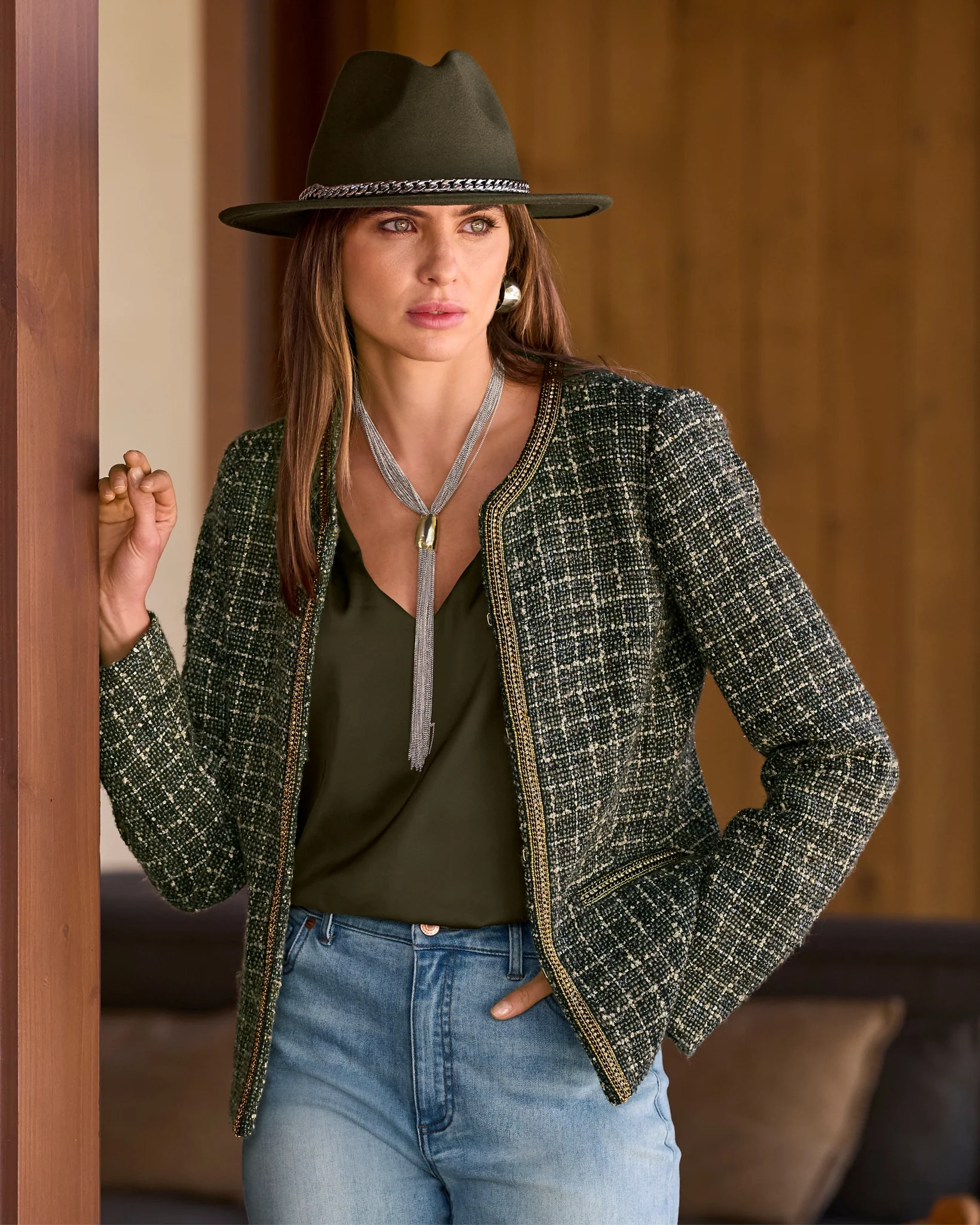 Gold Trim Collarless Tweed Jacket Olive Multi - Mycitystee