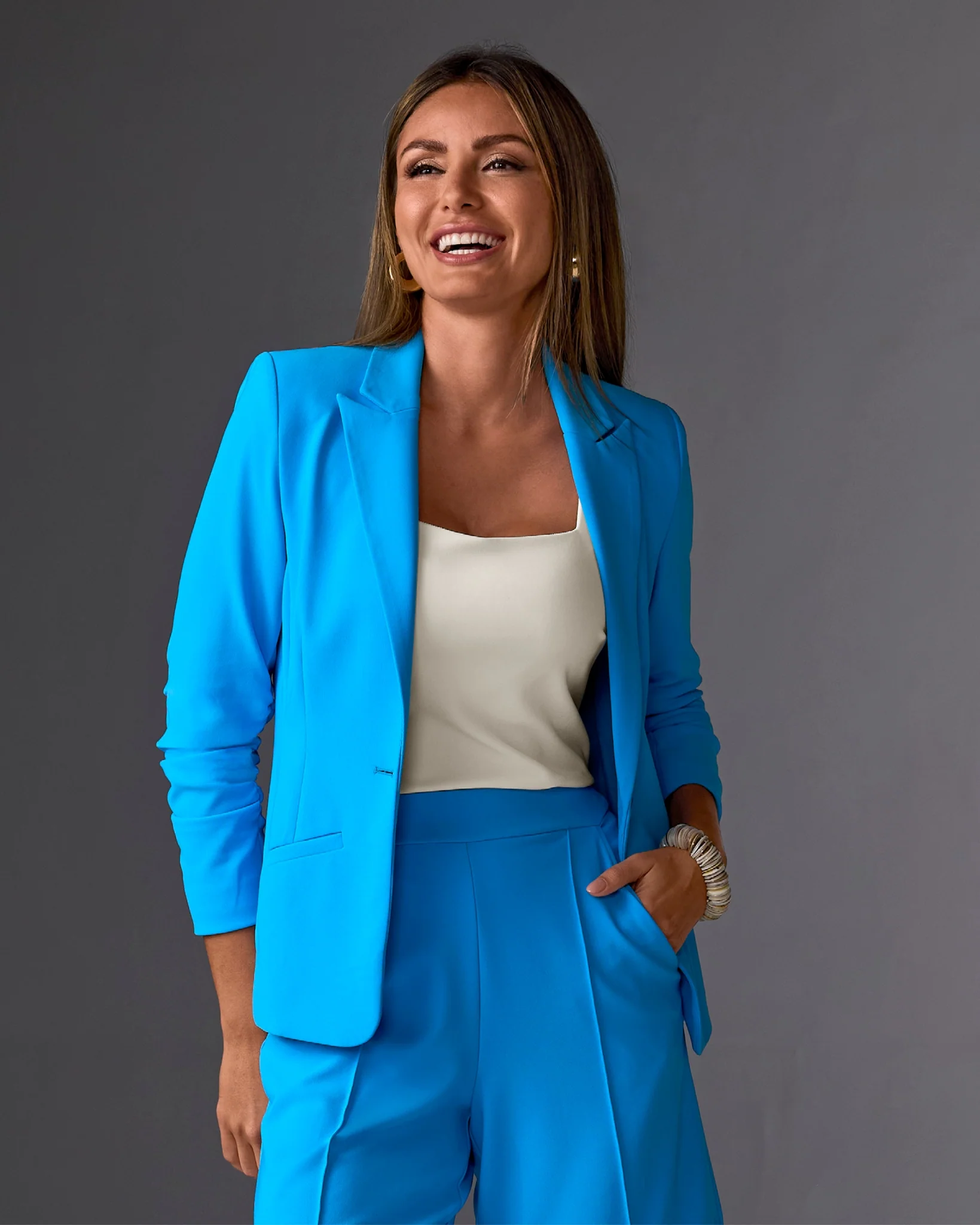 Beyond Travel Short Ruched Sleeve Blazer Malibu Blue - Mycitystee