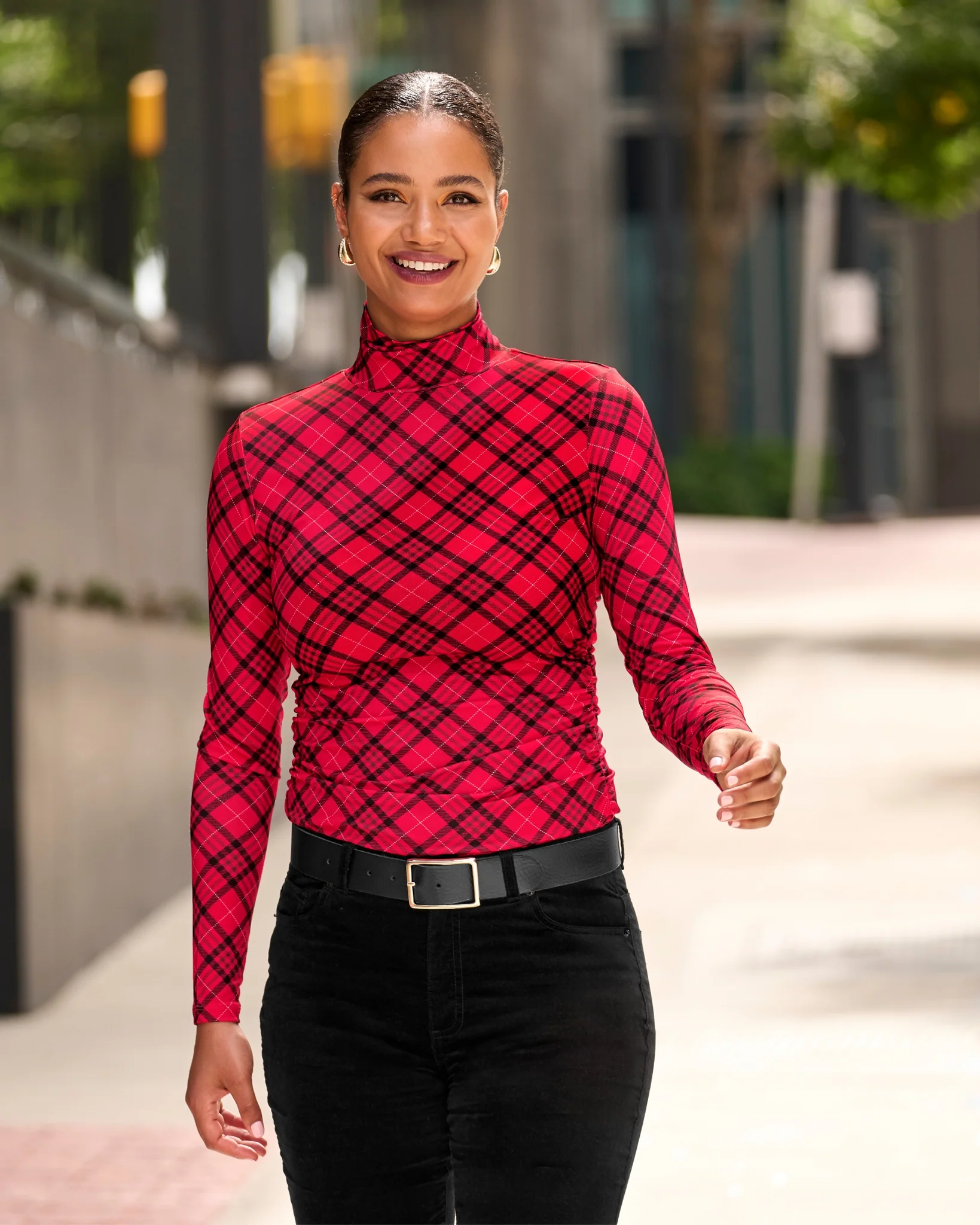 So Chic Ruched Holly Plaid Turtleneck Red - Mycitystee