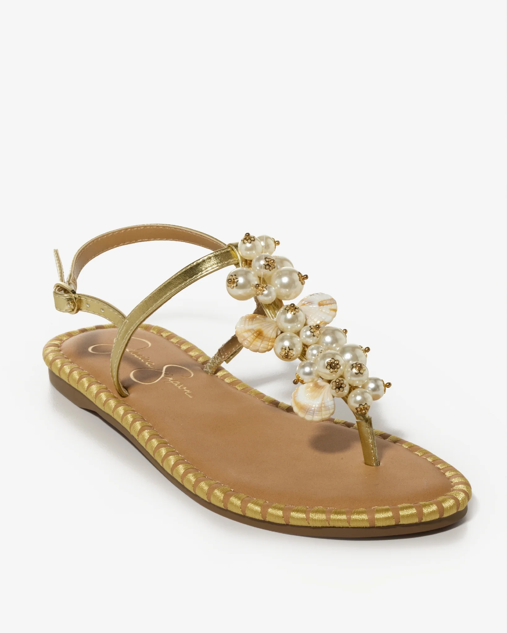 Shell and Pearl Embellished Sandal Gold Multi - Mycitystee