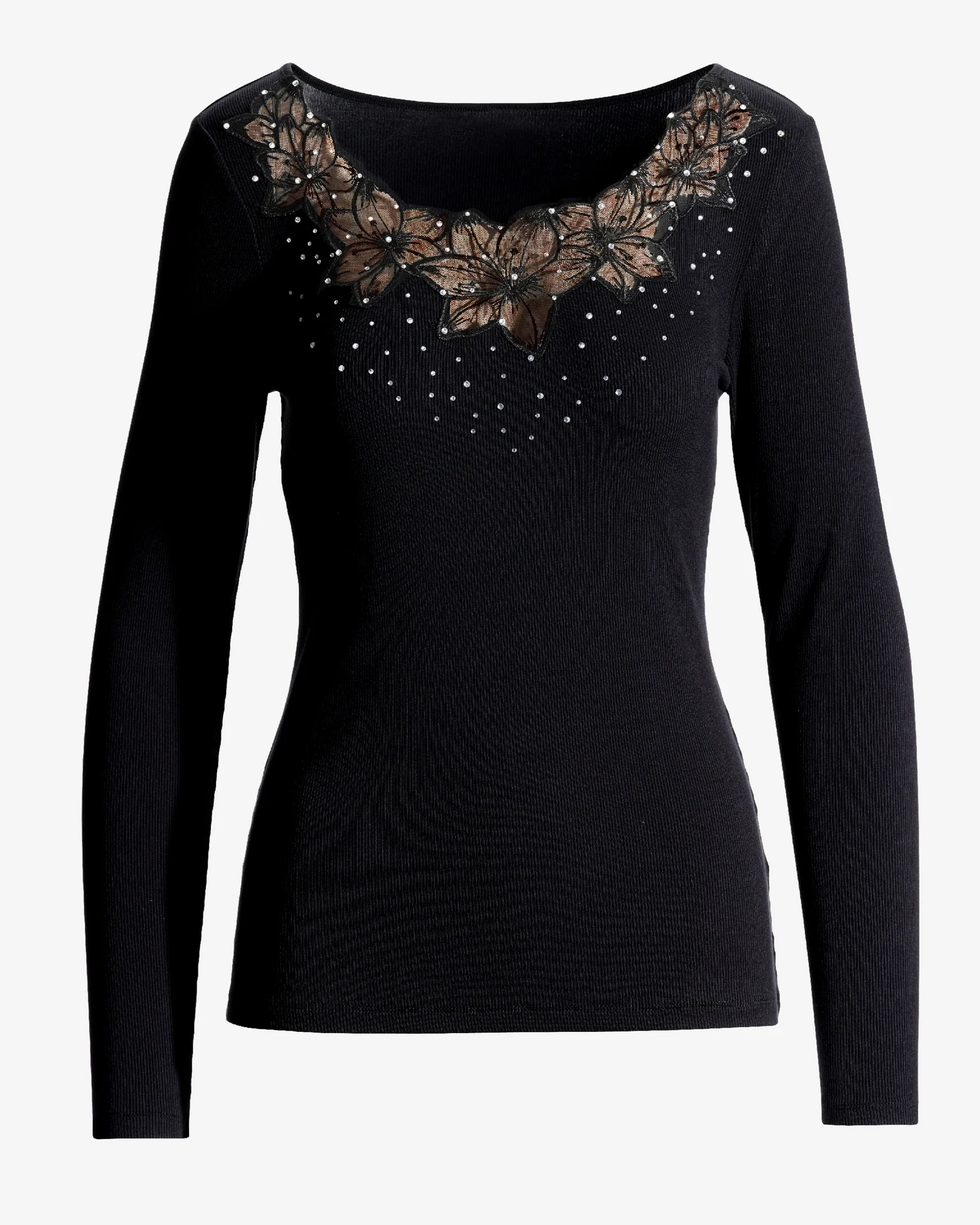 So Essential Mesh Floral Long Sleeve Ribbed Top Black - Mycitystee